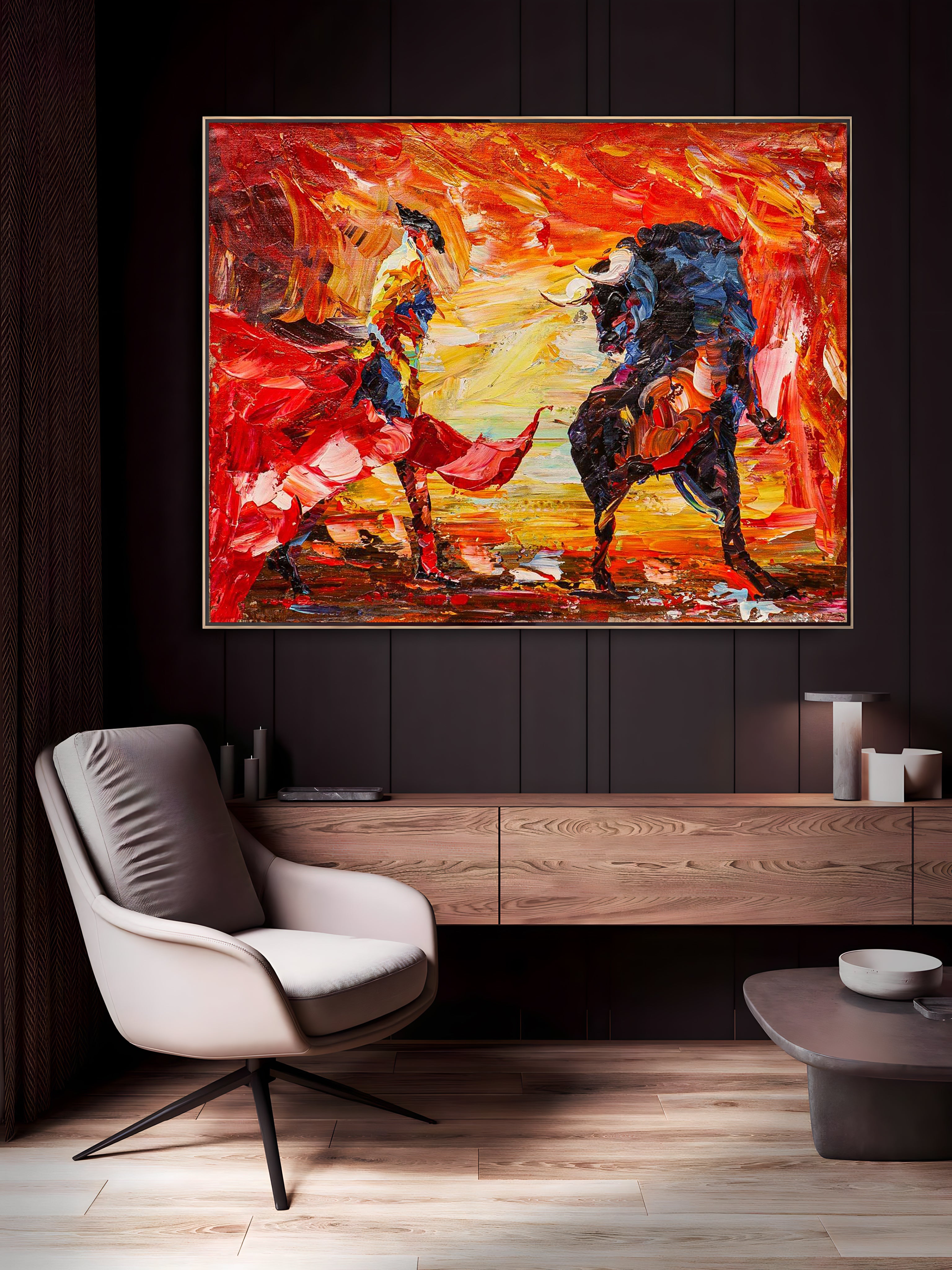 a painting of two horses on a red and yellow background