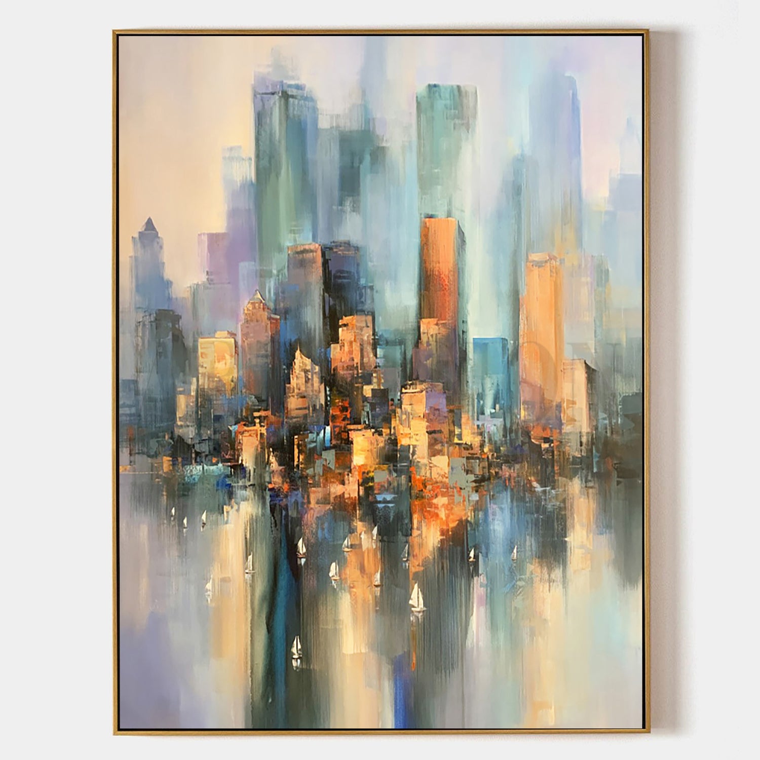 a painting of a cityscape with buildings in the background