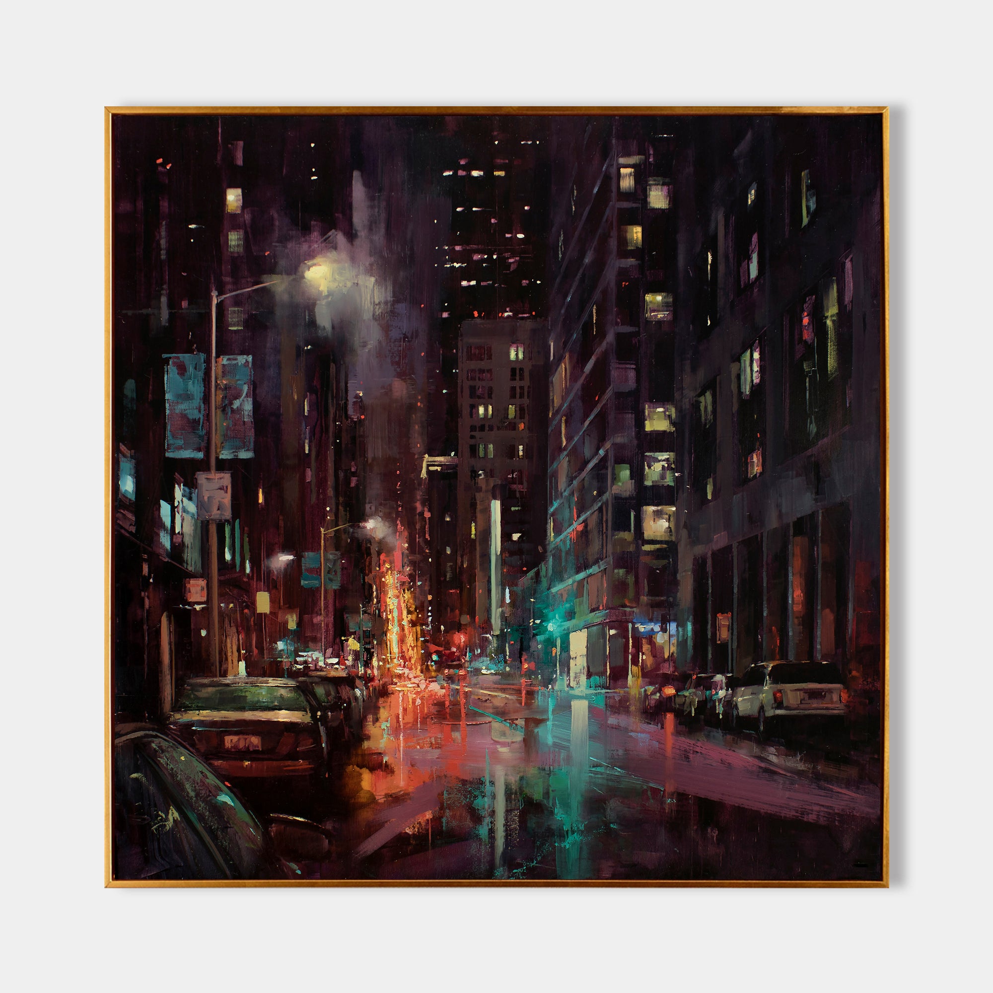 a painting of a city street at night