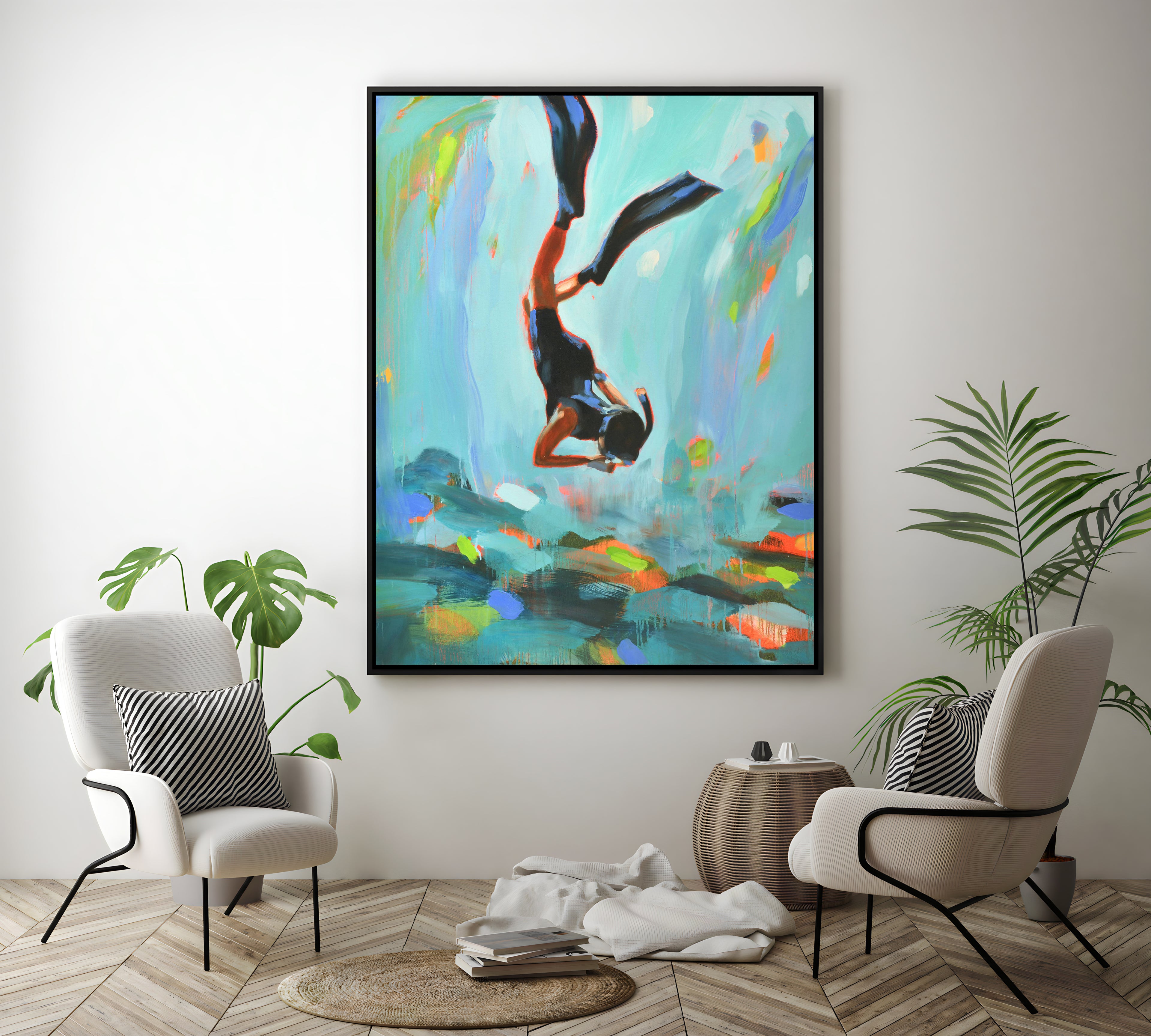 a painting of a person doing a flip on a surfboard