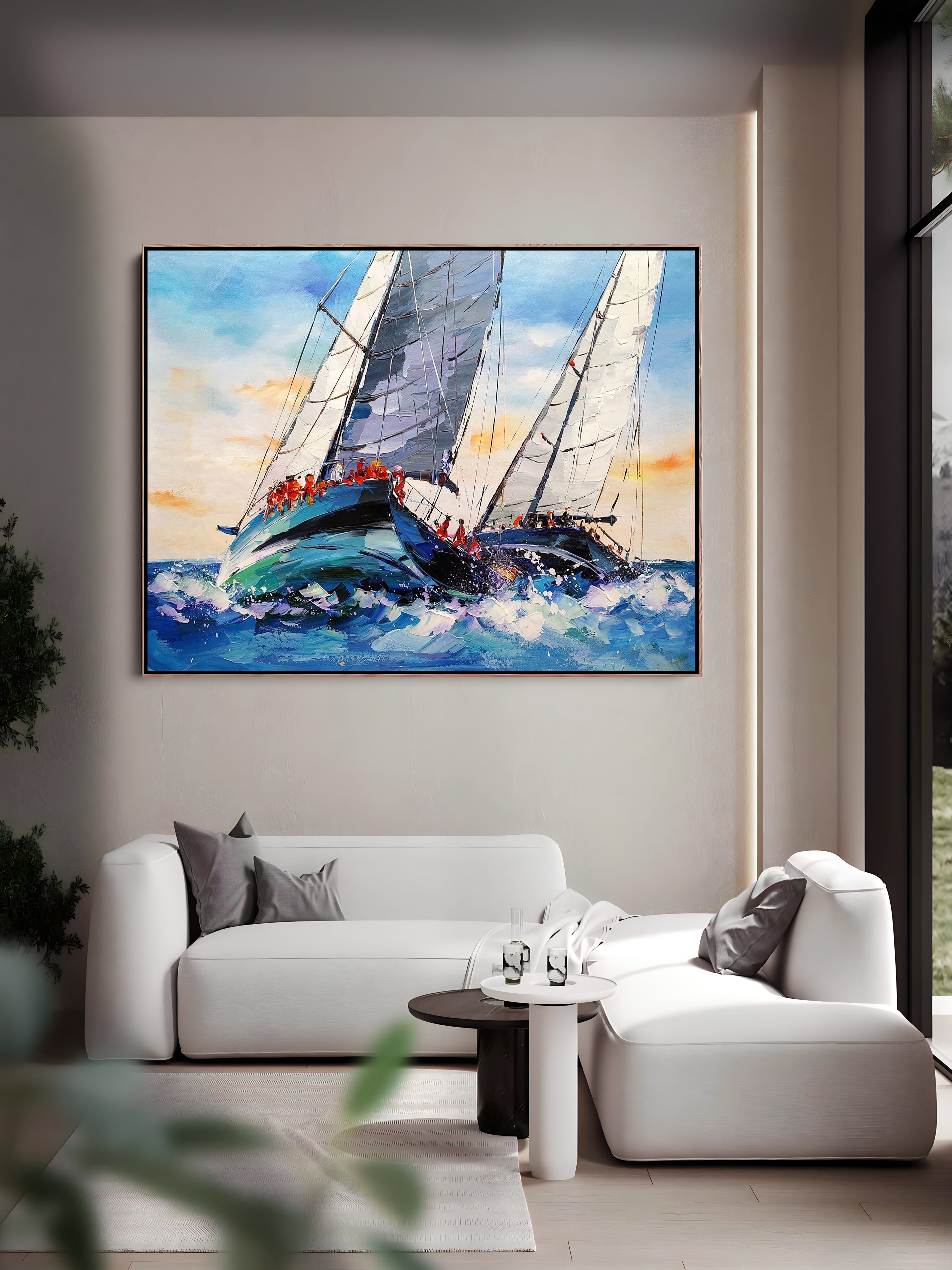 a painting of a sailboat in the ocean
