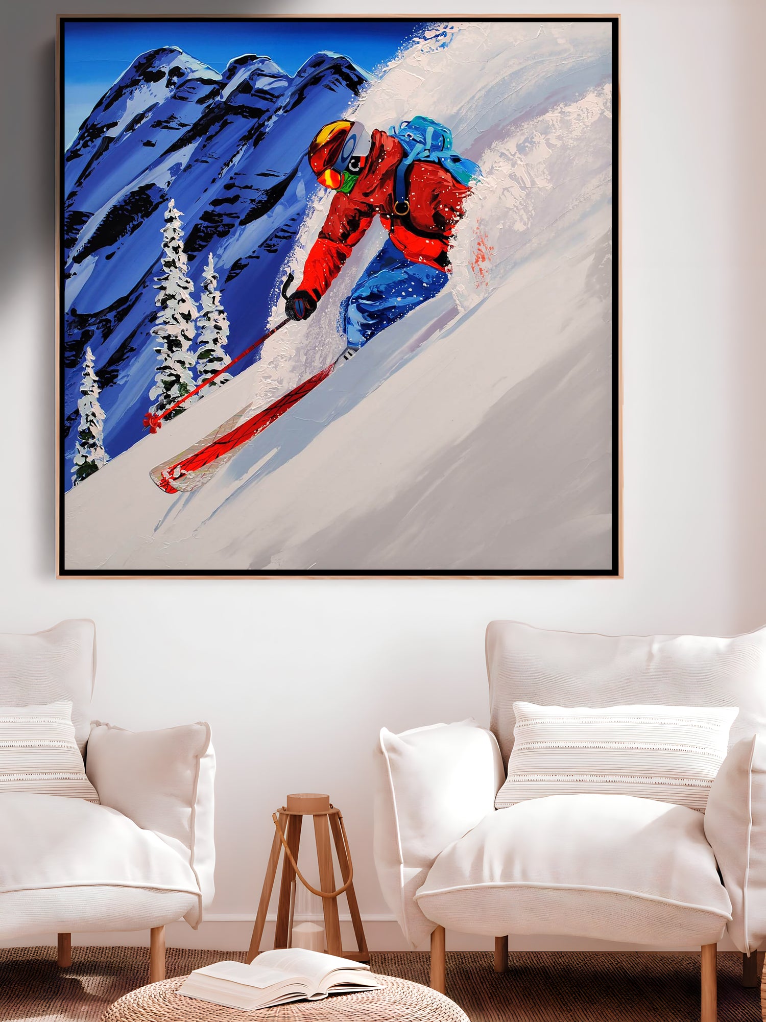 a painting of a skier going down a mountain