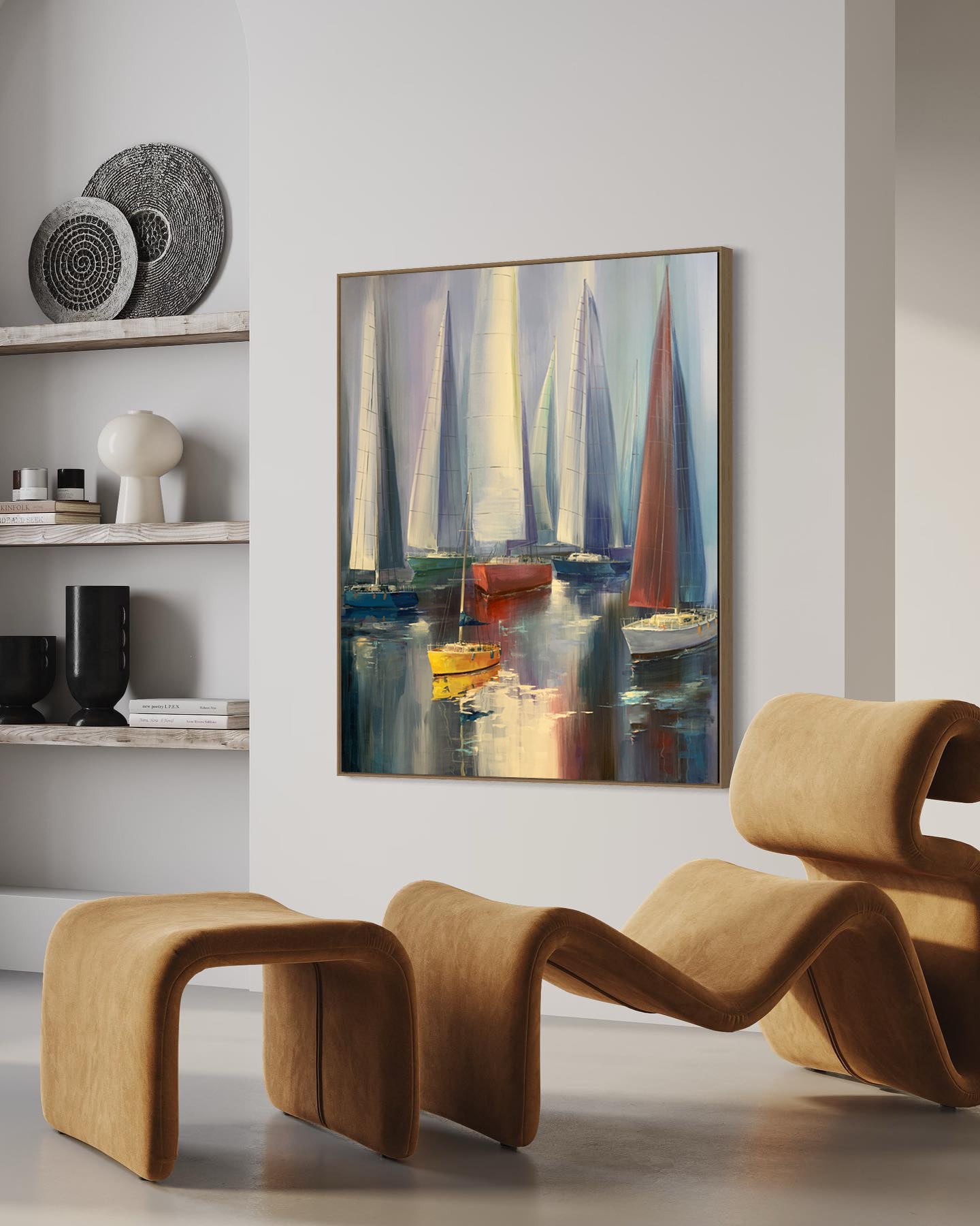 a painting of sailboats in a living room