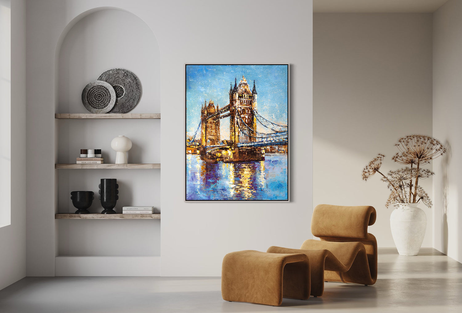 a living room with a painting of a bridge