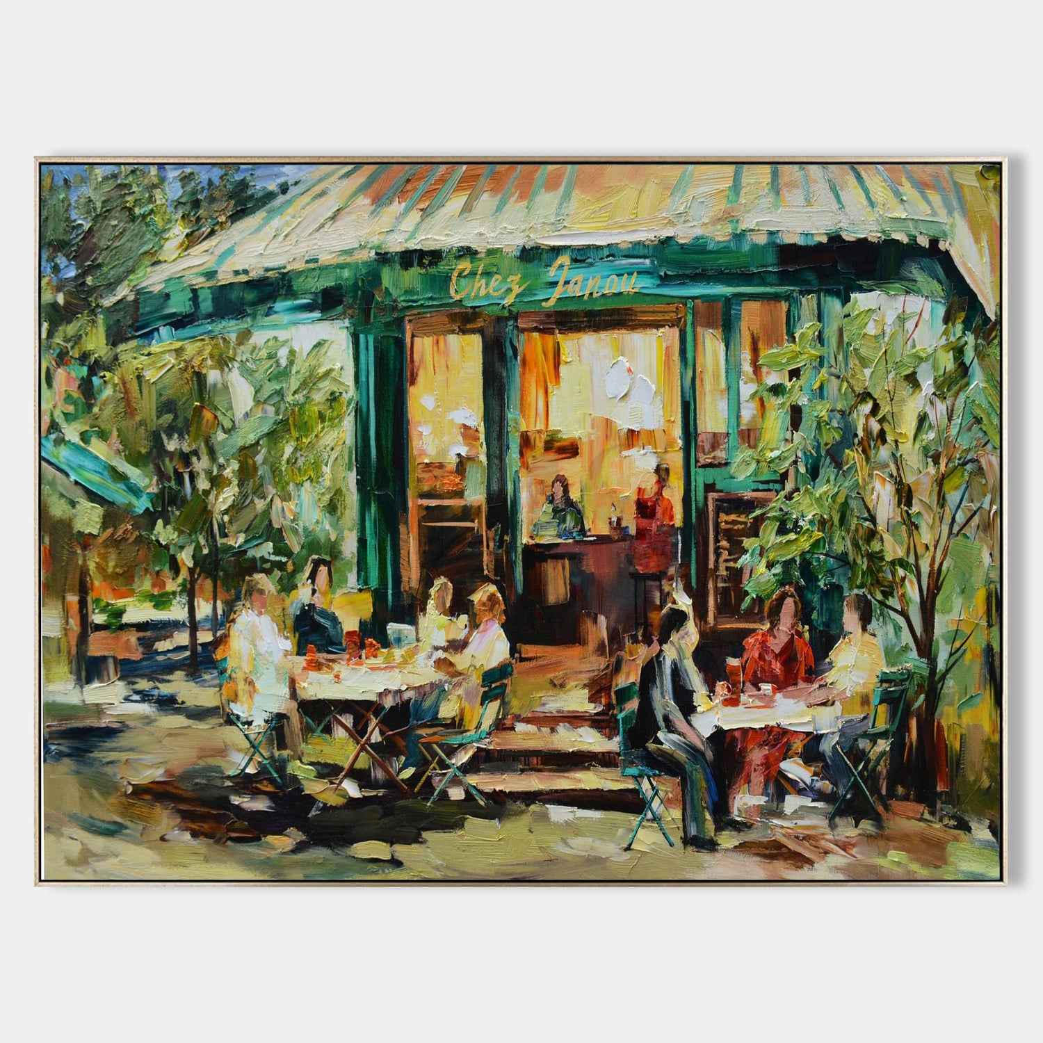 a painting of people sitting outside of a restaurant