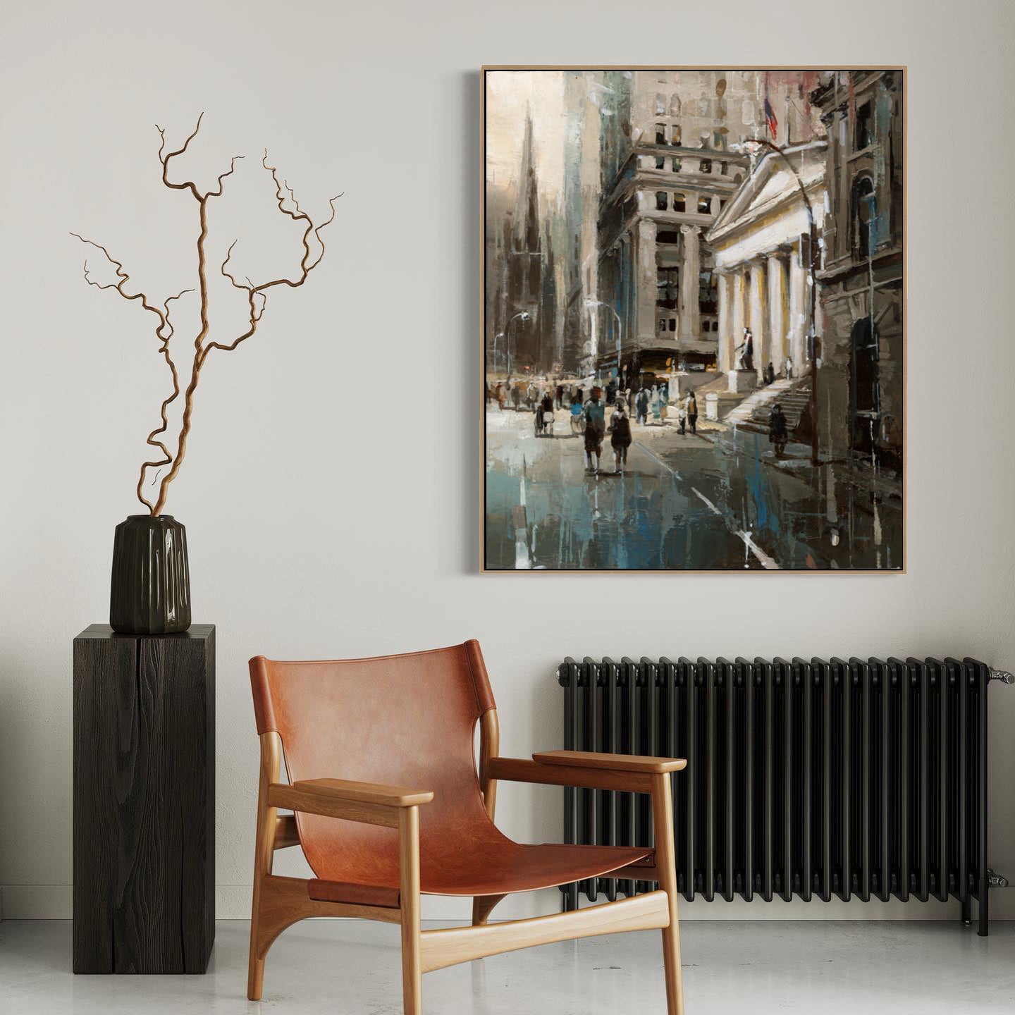 a chair and a vase in a room