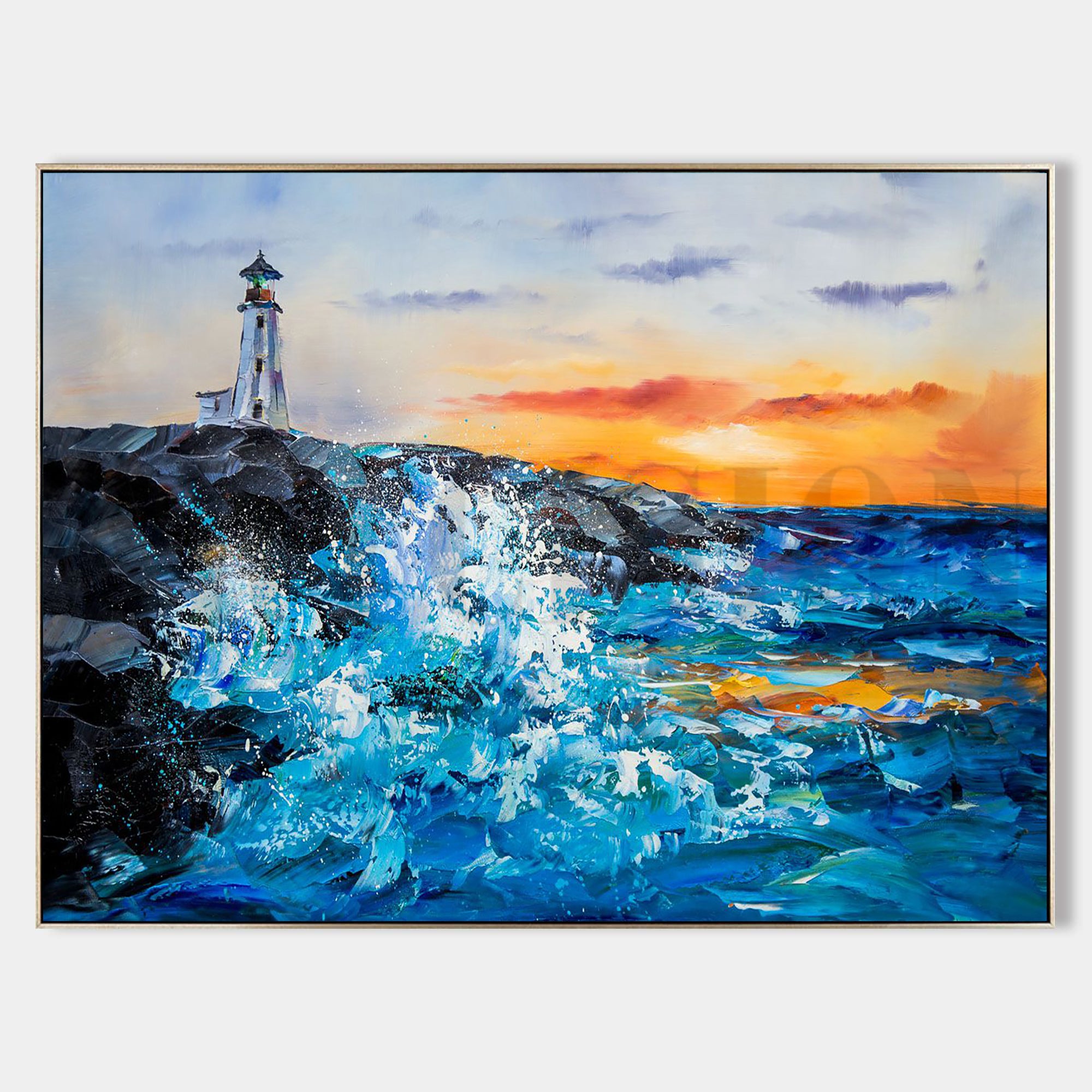 a painting of a lighthouse on a rock in the ocean