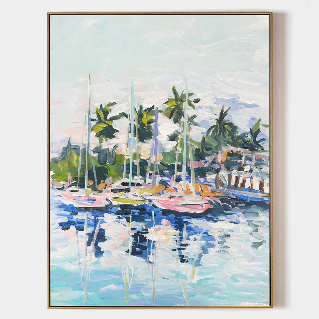 a painting of boats in a harbor with palm trees