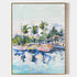 a painting of boats in a harbor with palm trees