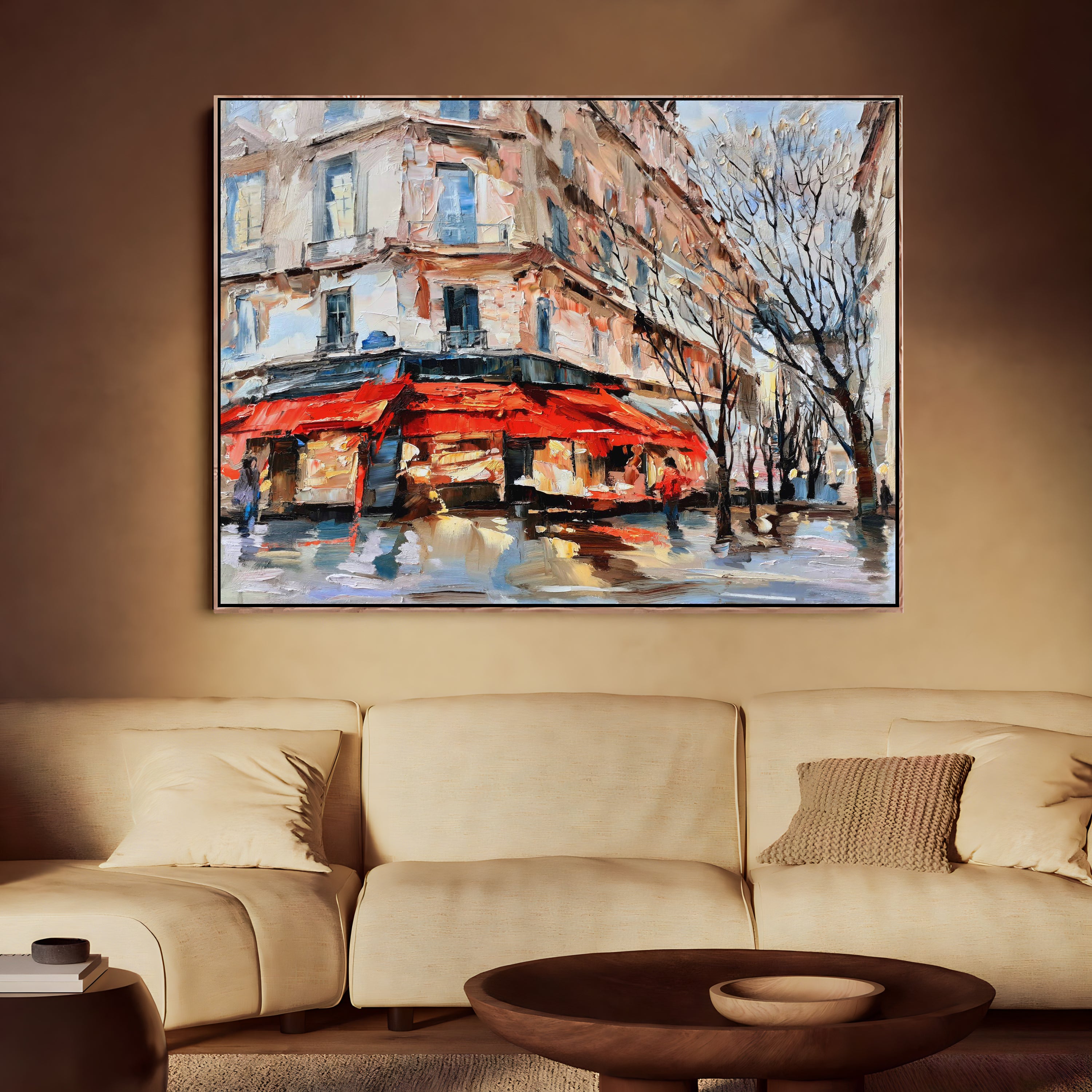 a painting of a city street with a red umbrella