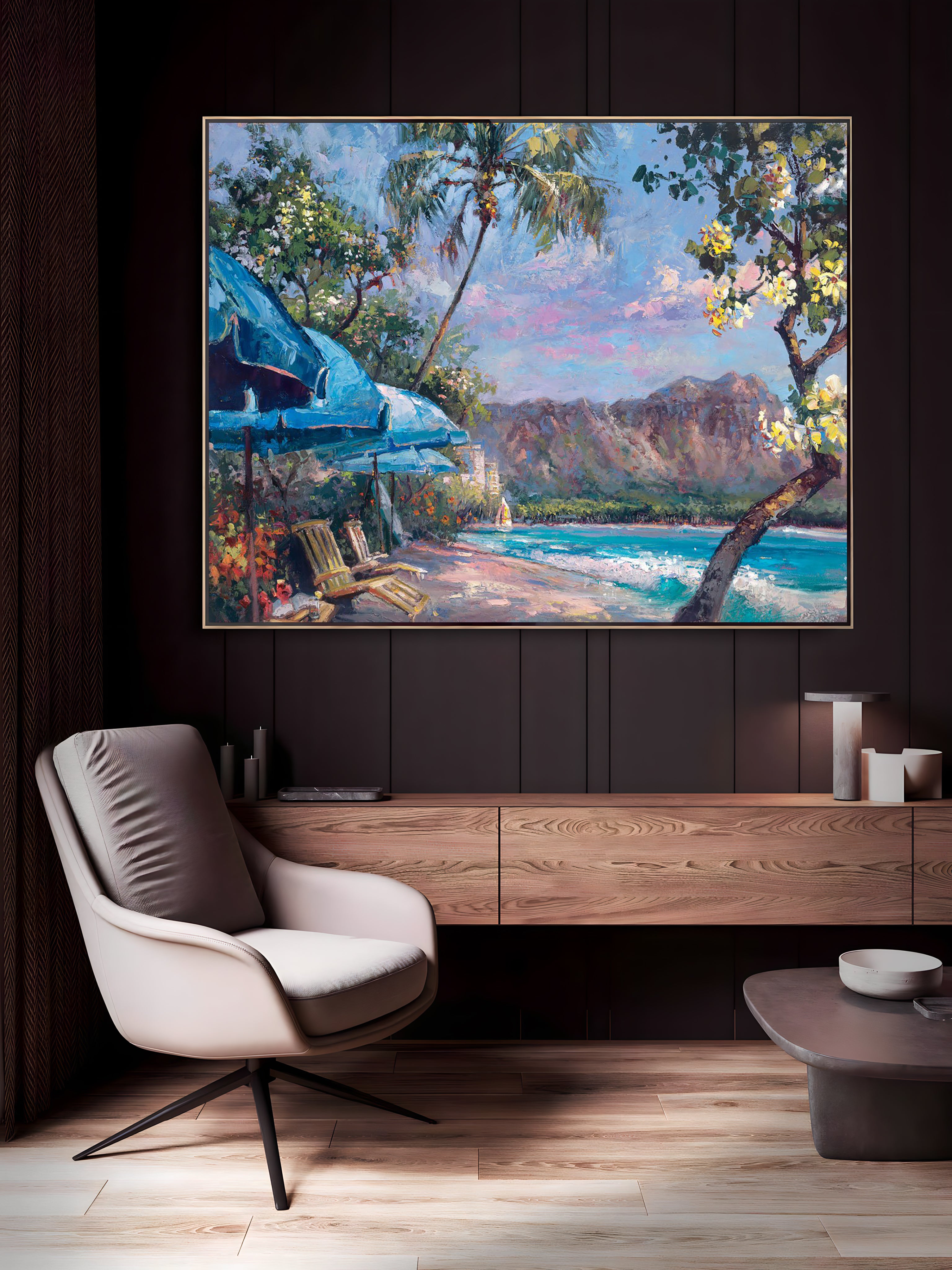 a living room with a painting on the wall