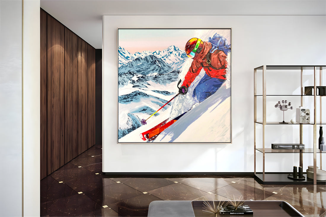 a painting of a skier on a snowy mountain