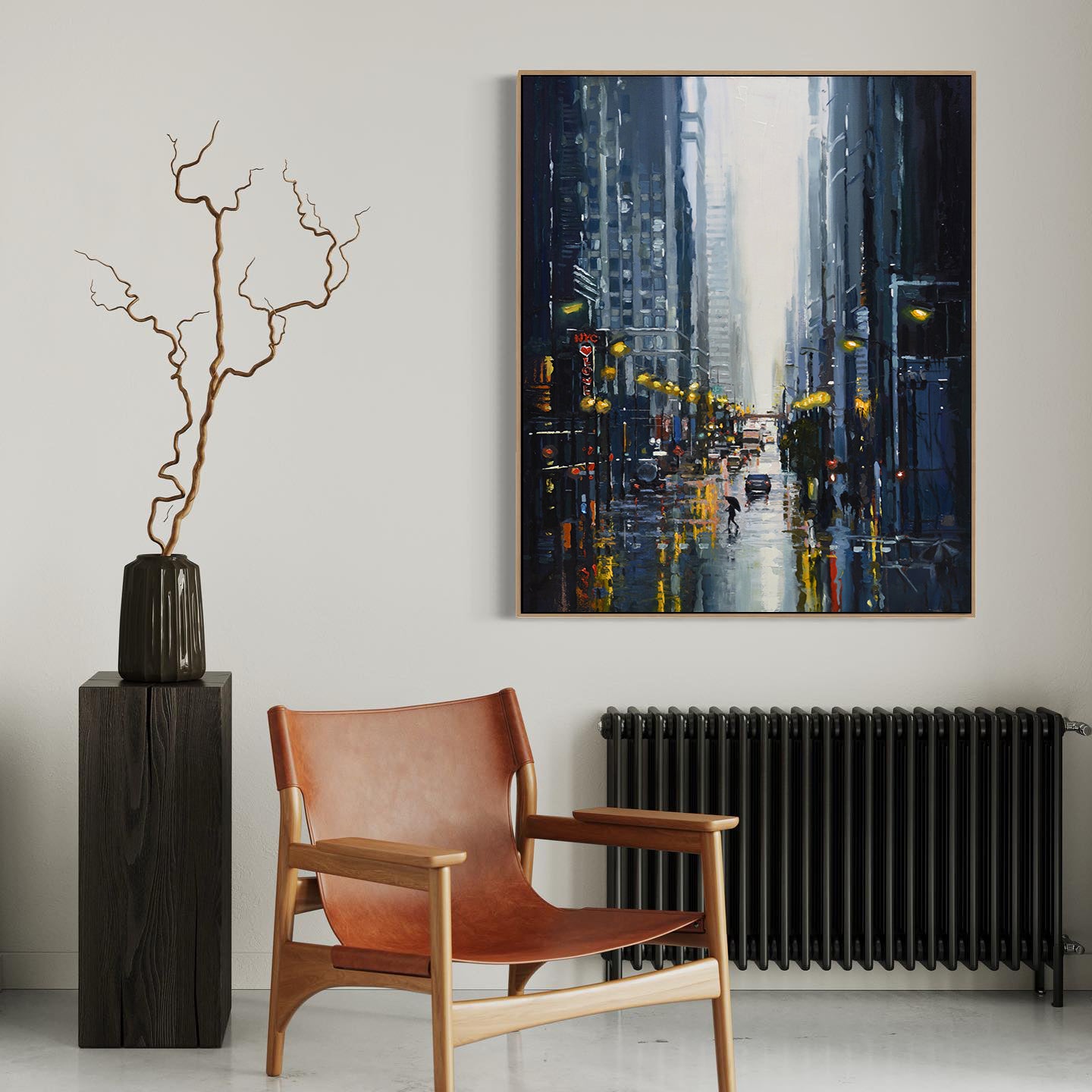 a painting of a city street with a chair and a vase