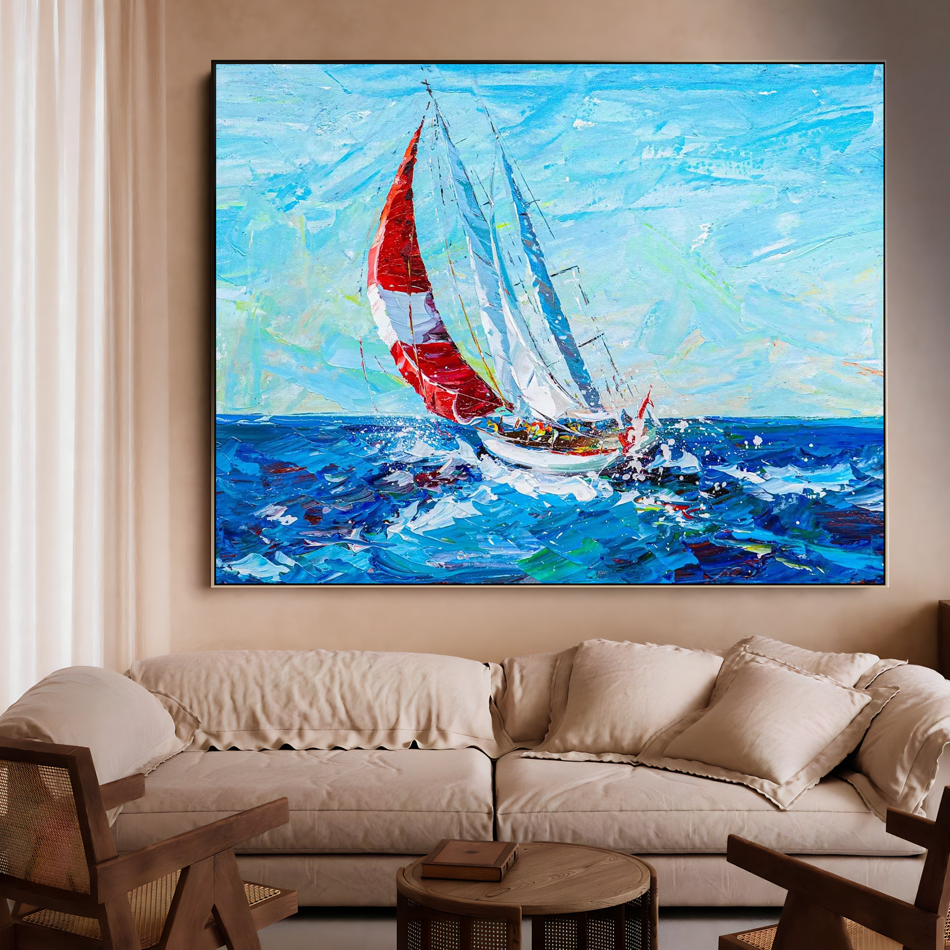 a painting of a sailboat in the ocean