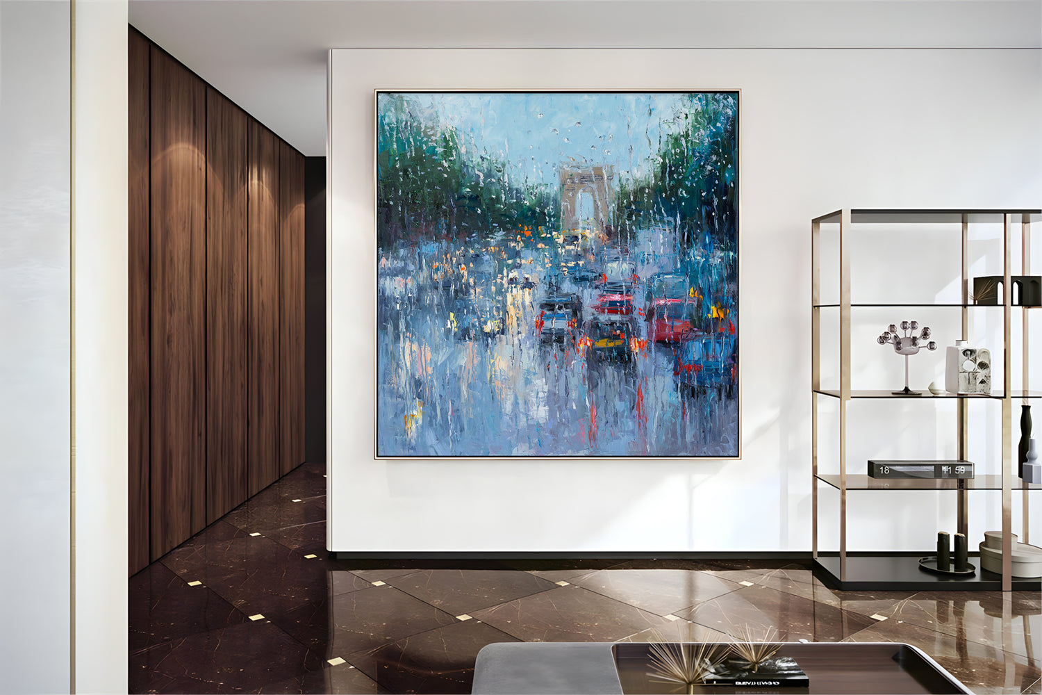 a painting of a city street filled with traffic