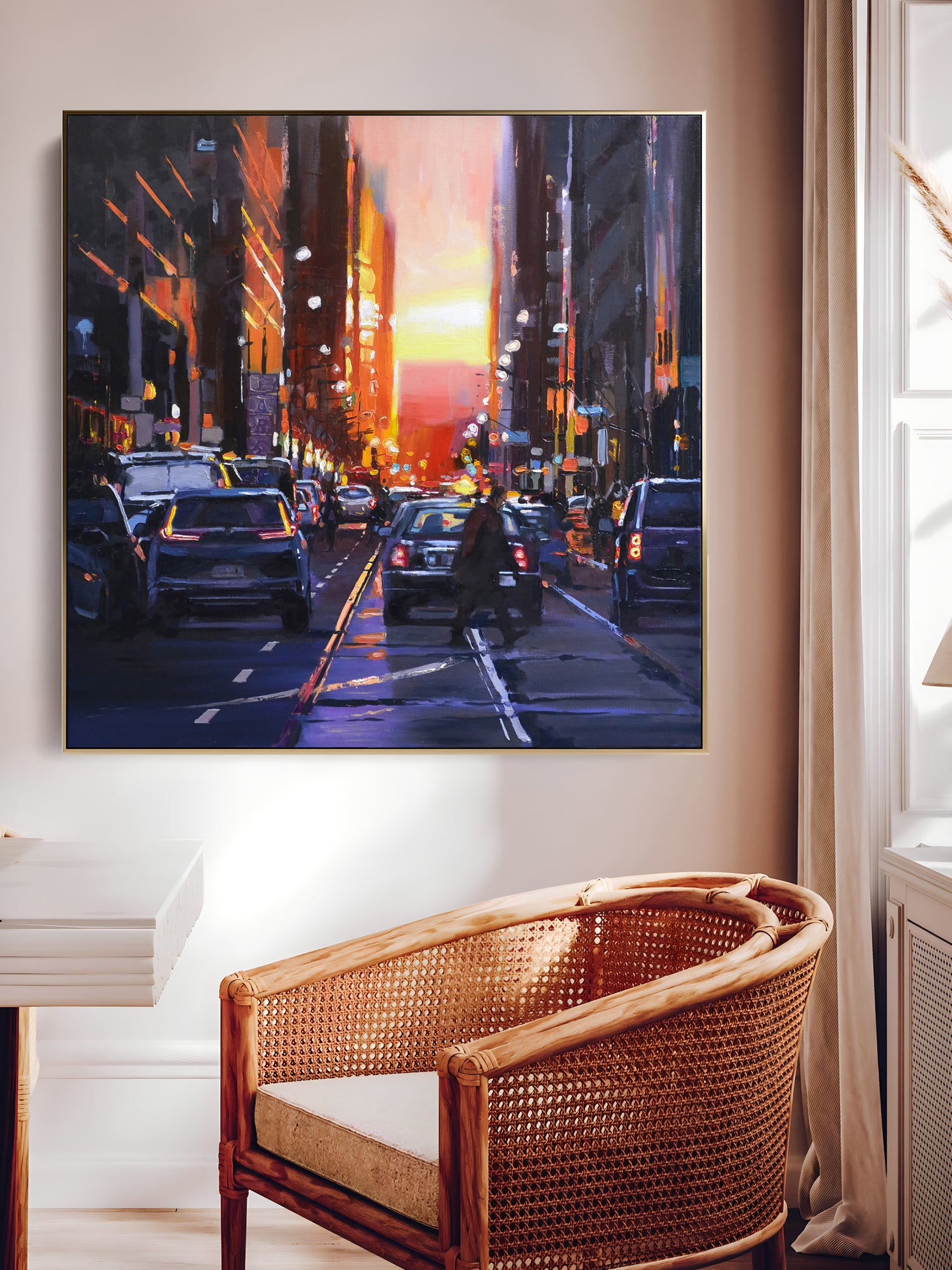 a painting of a city street at sunset