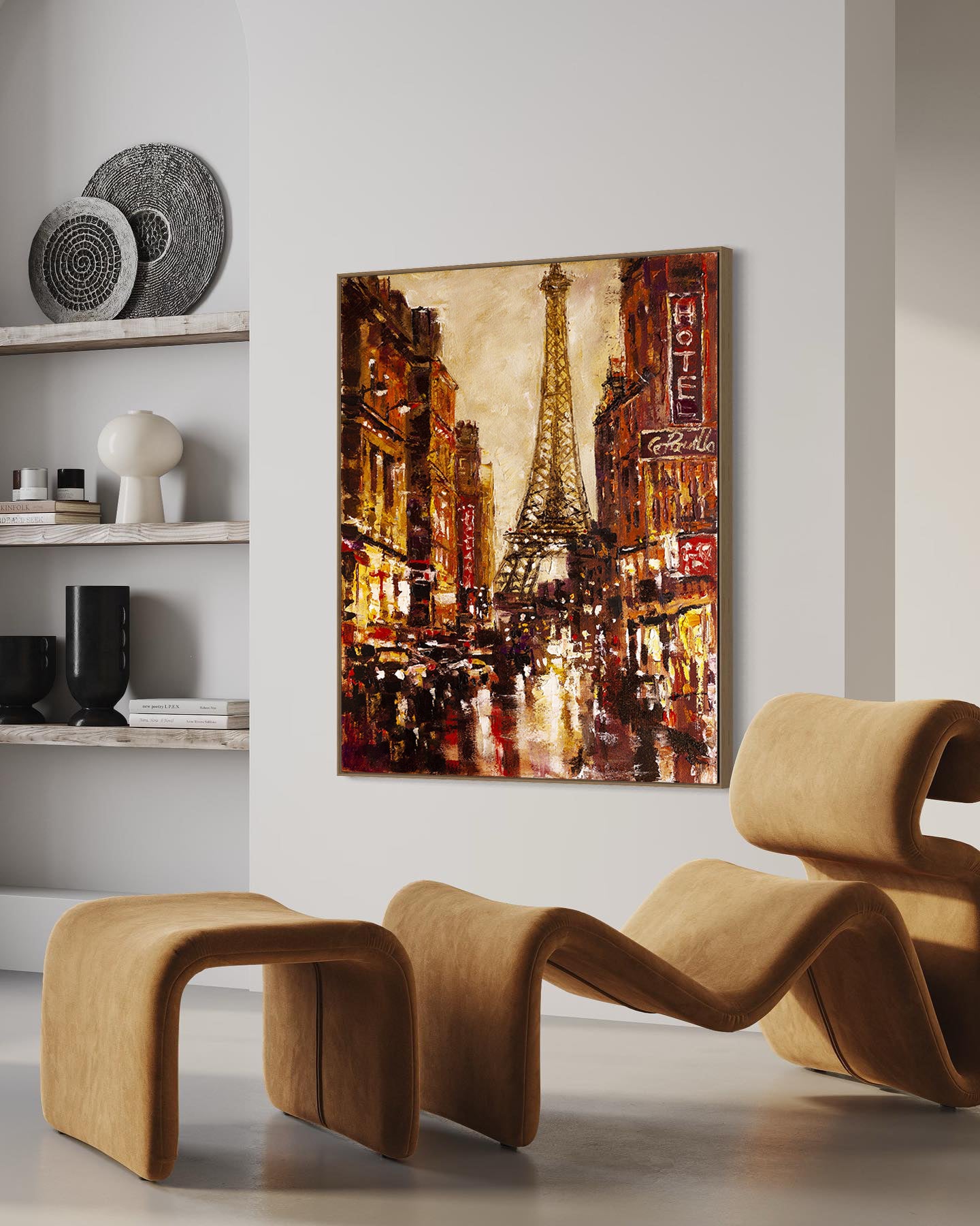 a living room with a painting of the eiffel tower