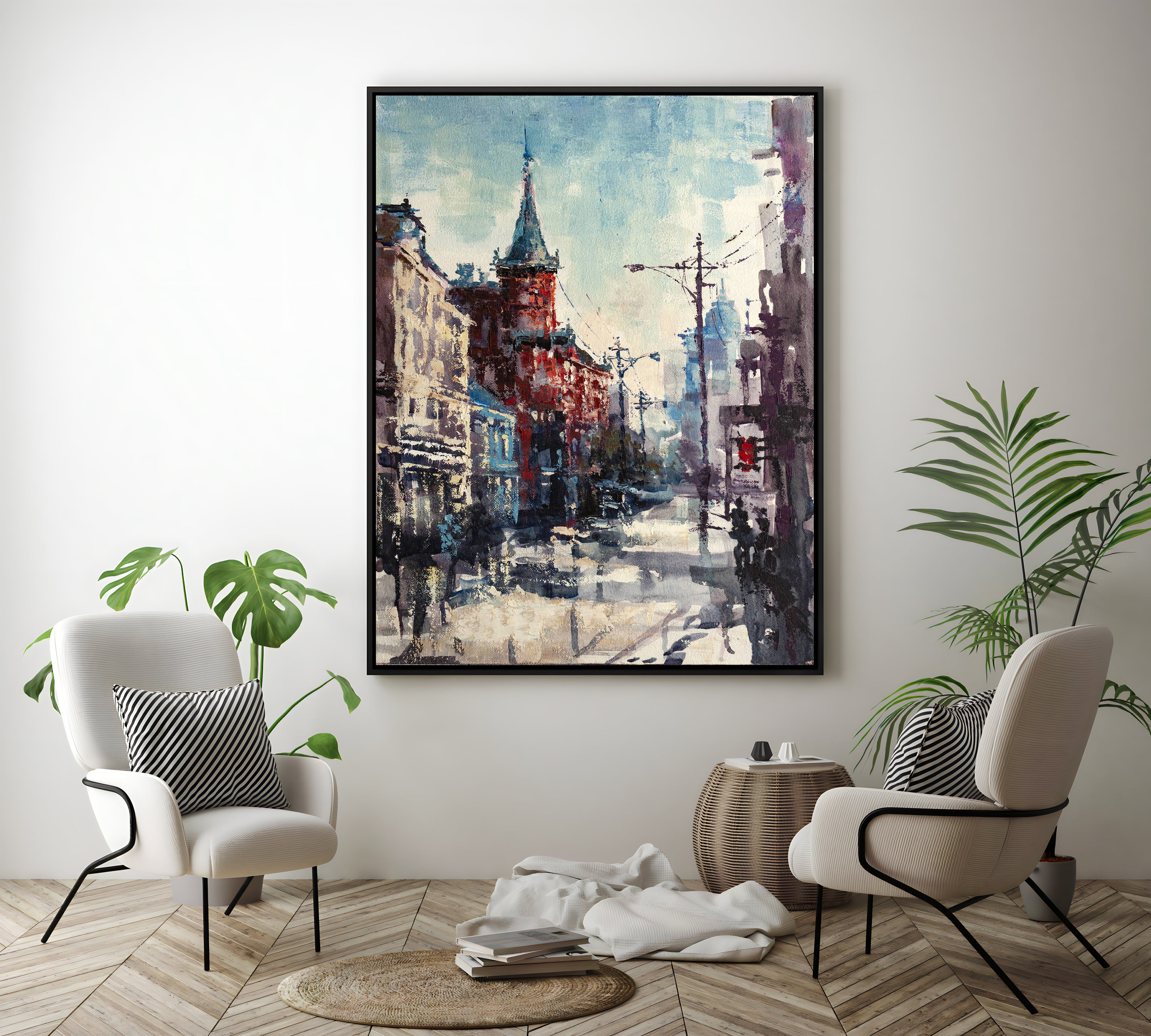 a painting of a city street with a clock tower