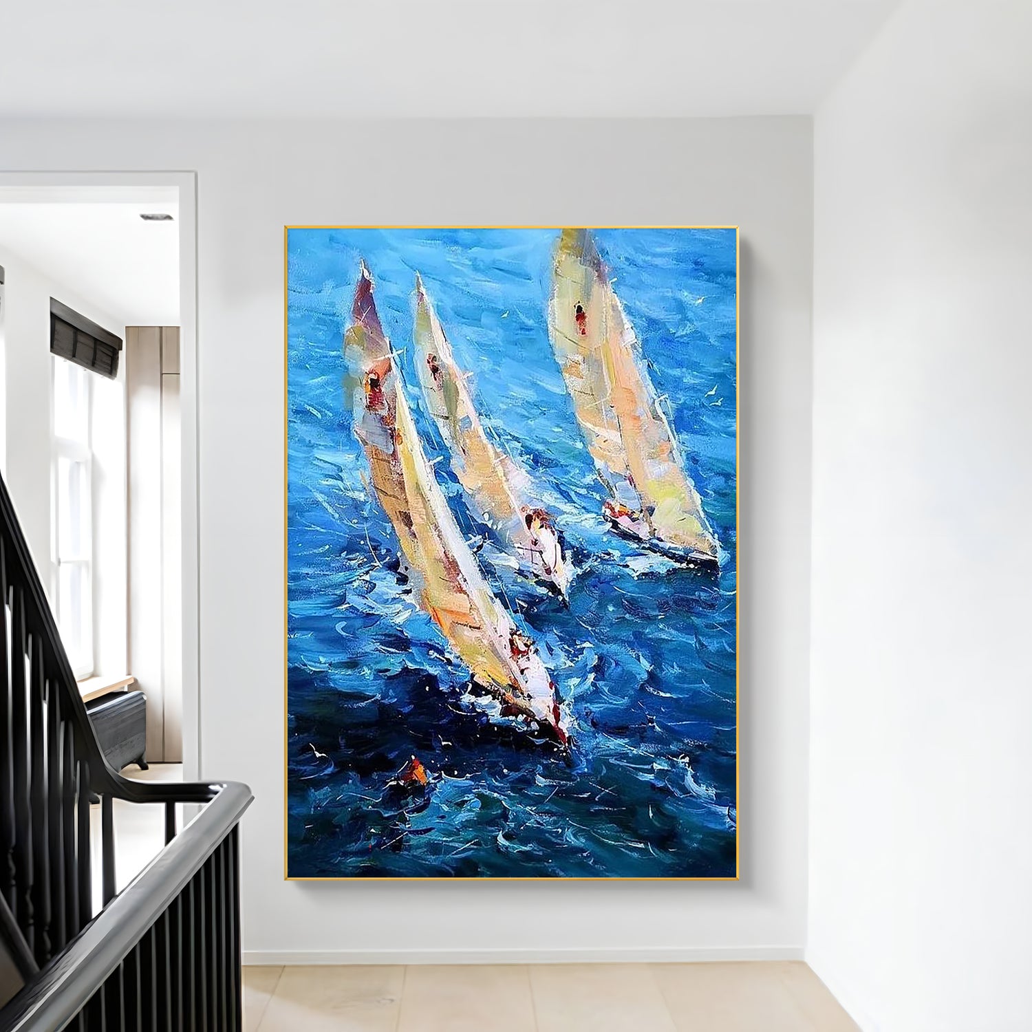 a painting of three sailboats in the ocean