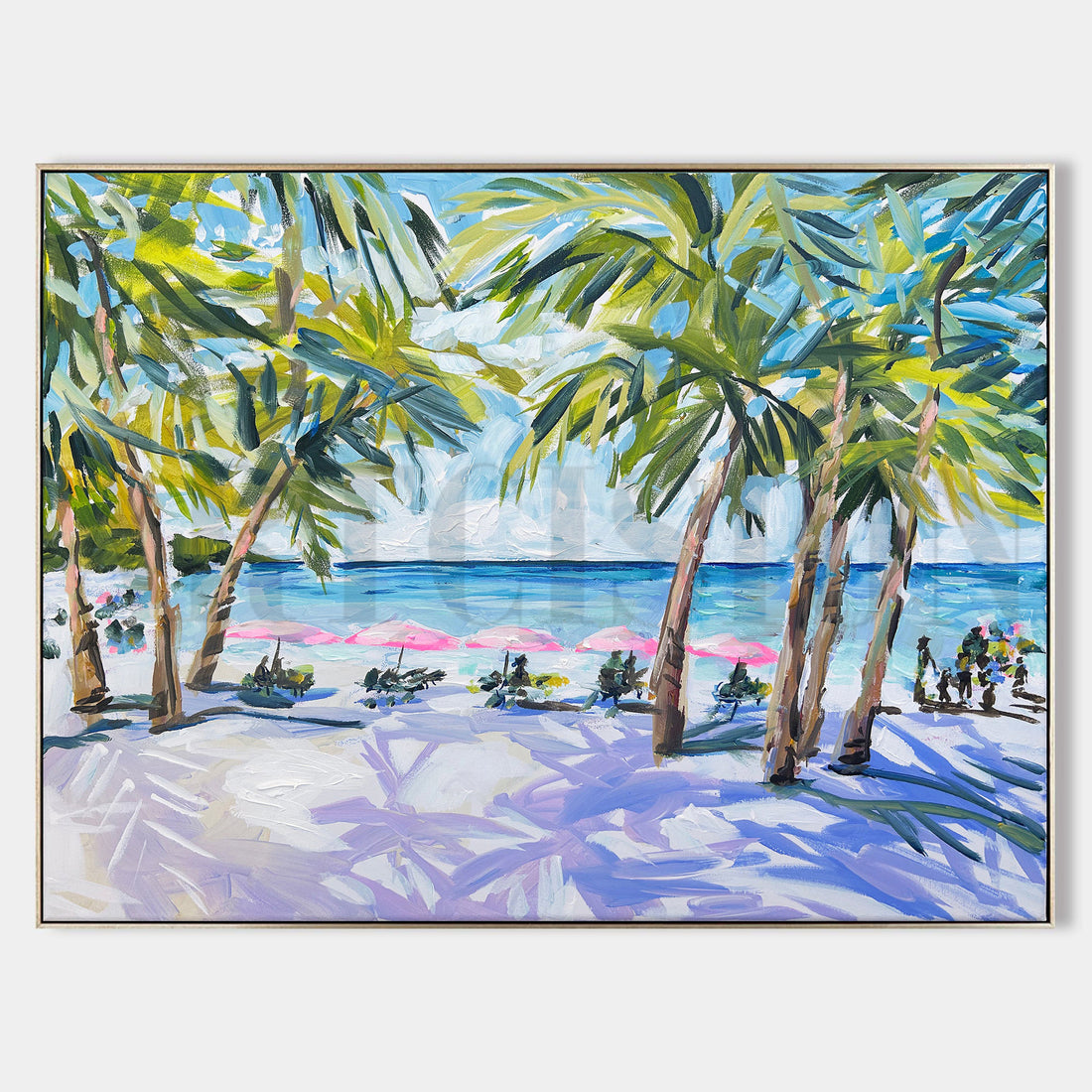 a painting of a beach with palm trees