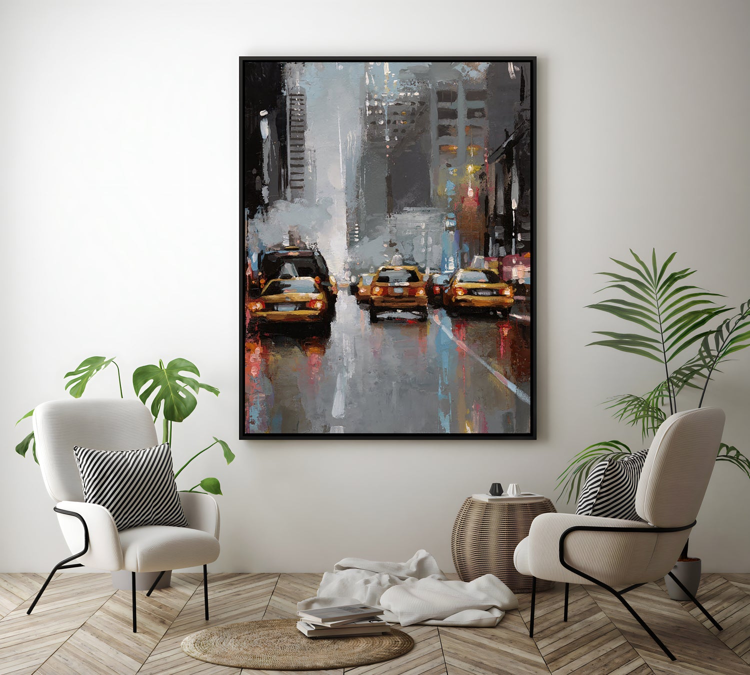 a painting of a city street with taxi cabs