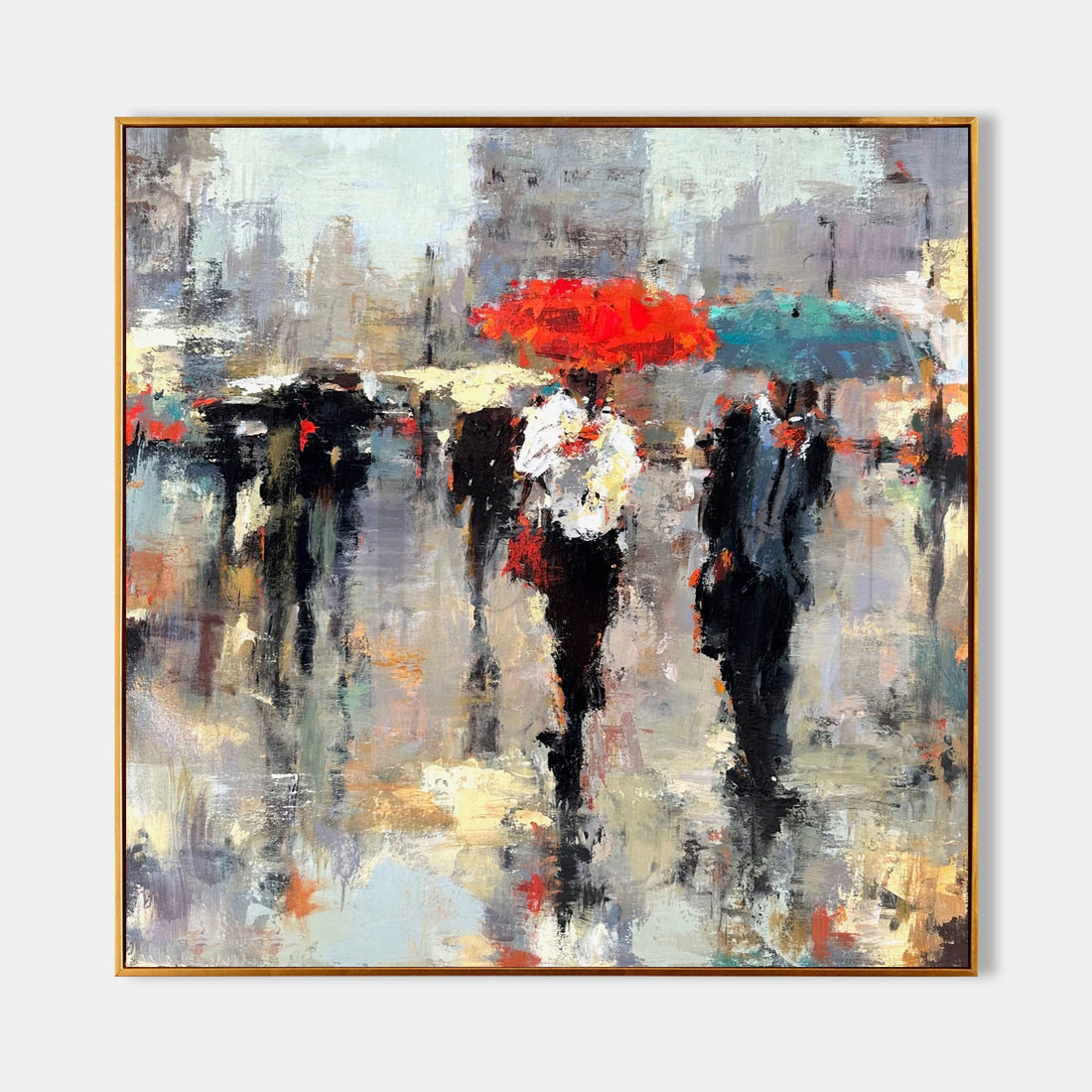 a painting of people walking in the rain with umbrellas