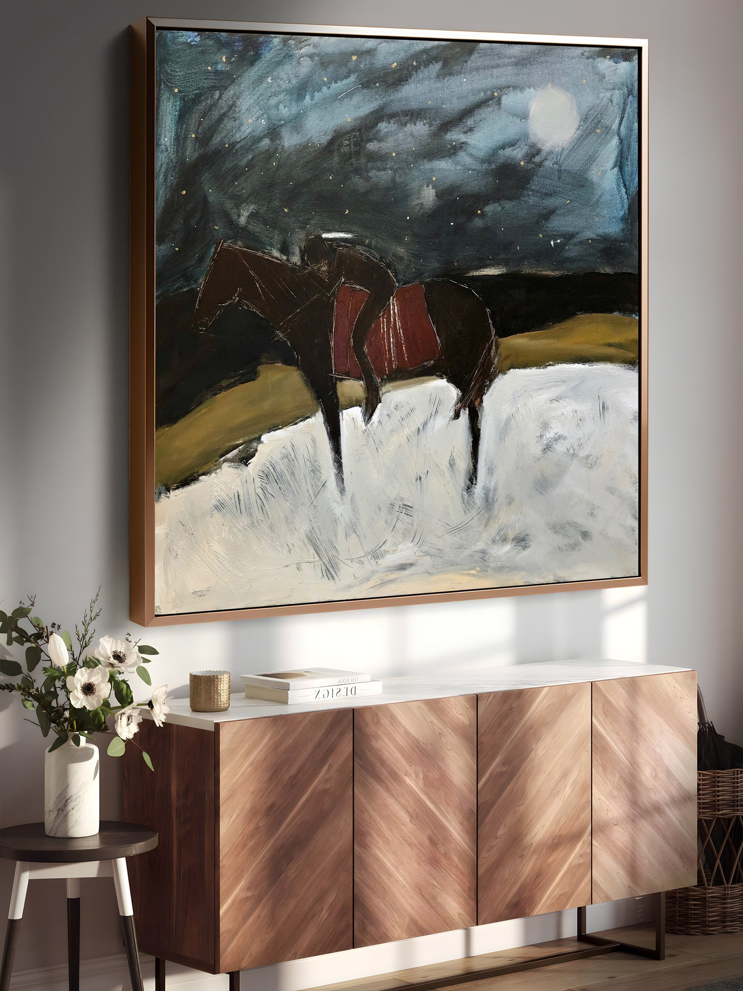 a painting of two horses on a wall