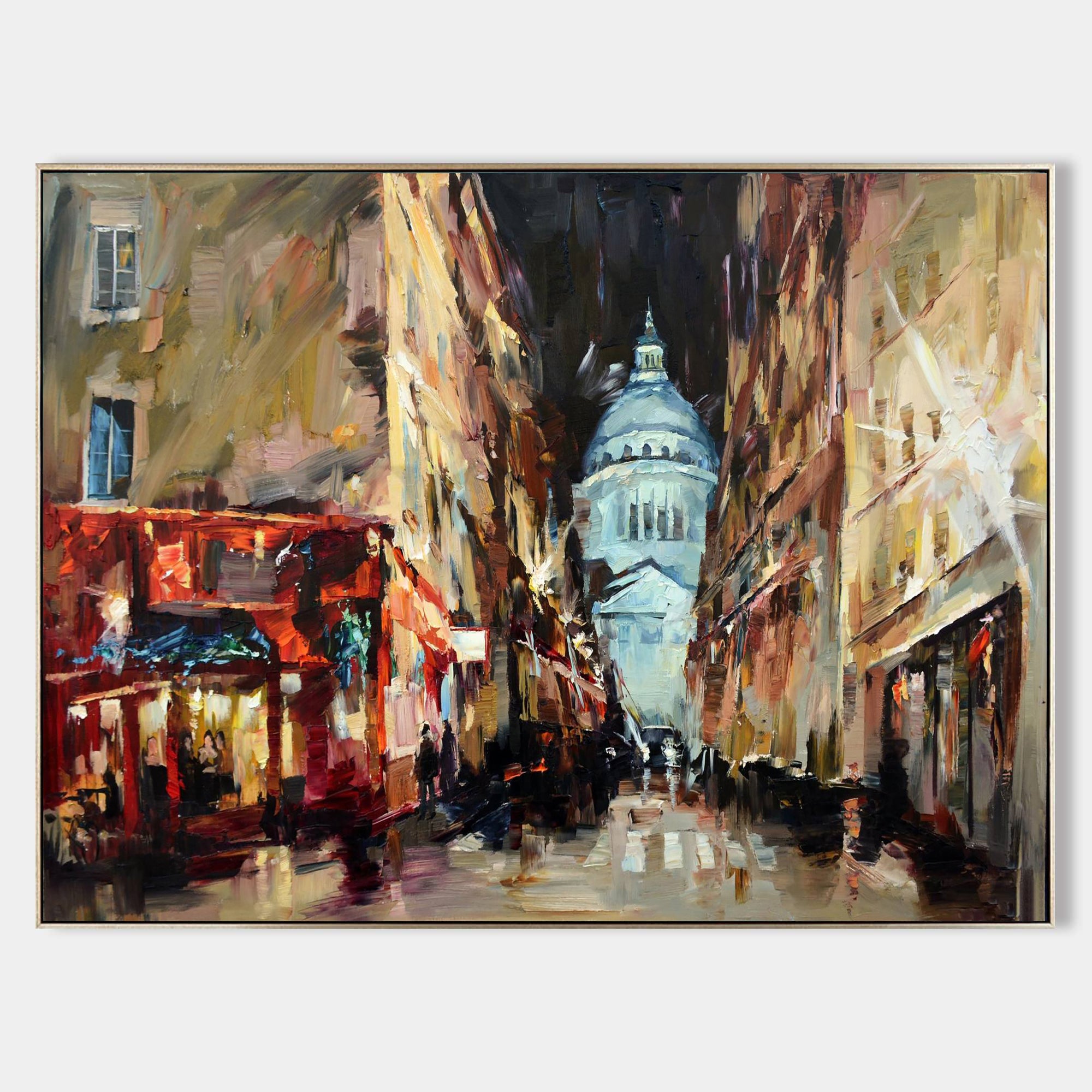 a painting of a city street at night