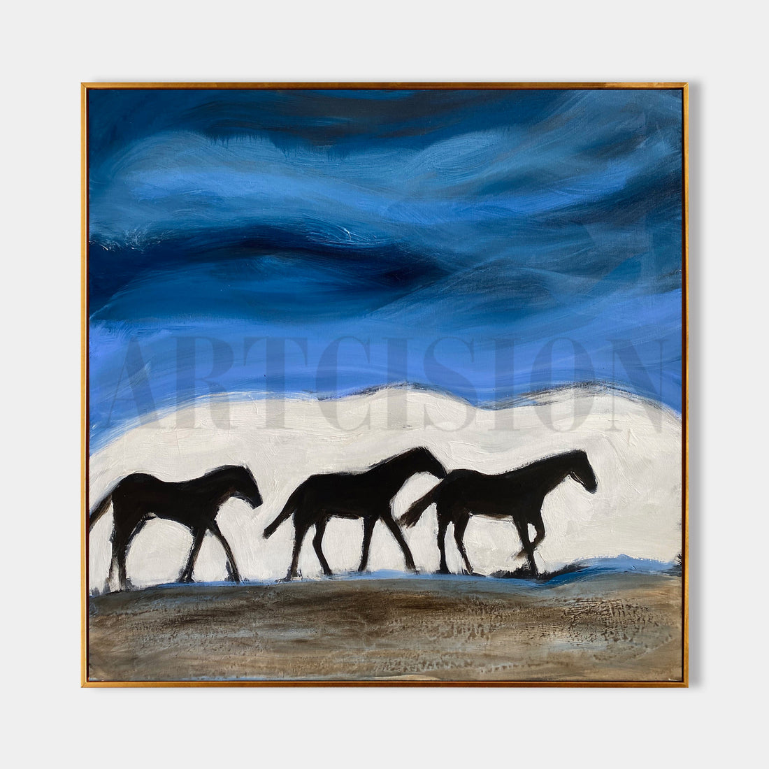 a painting of three horses walking across a field