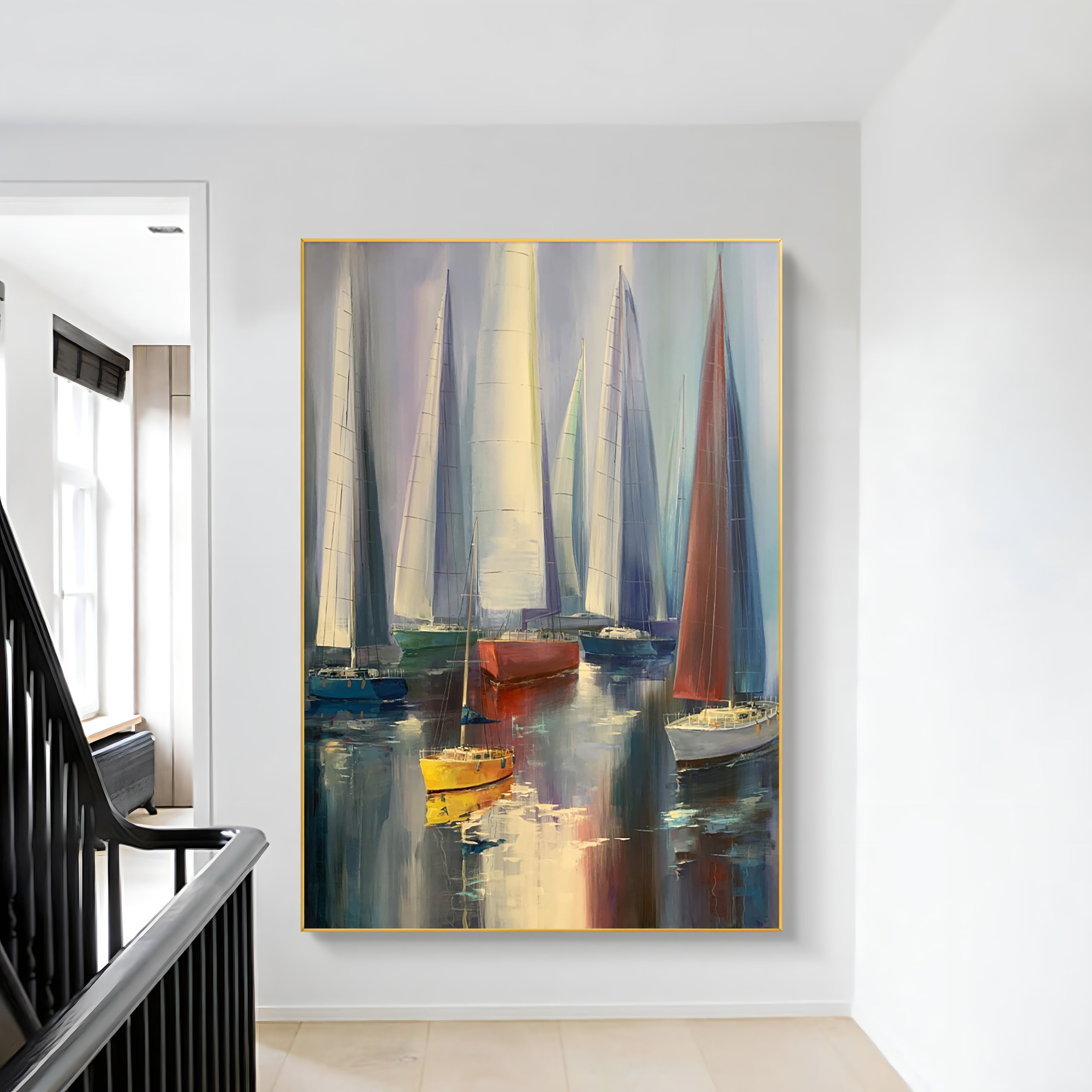 a painting of sailboats on a white wall