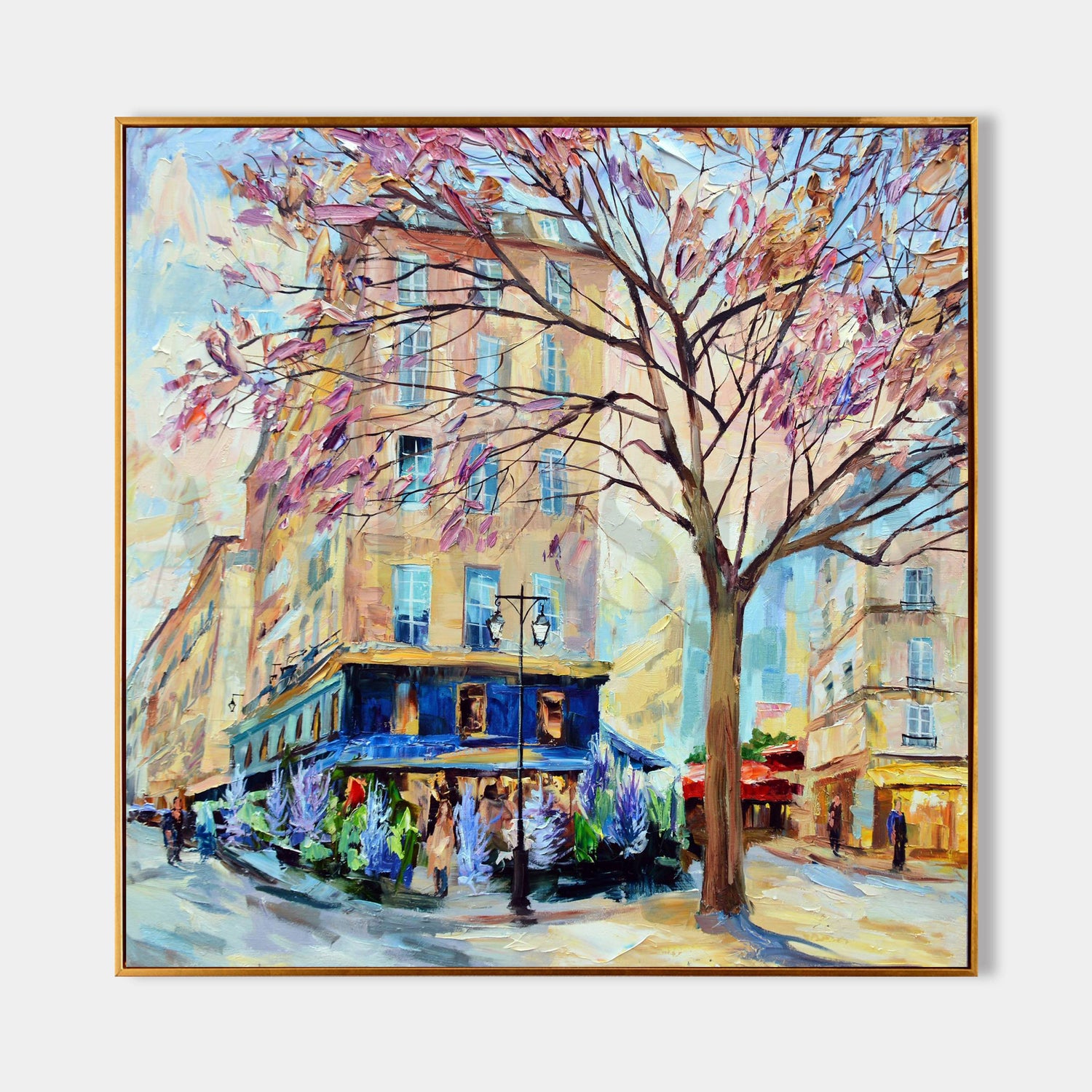 a painting of a city street with a tree