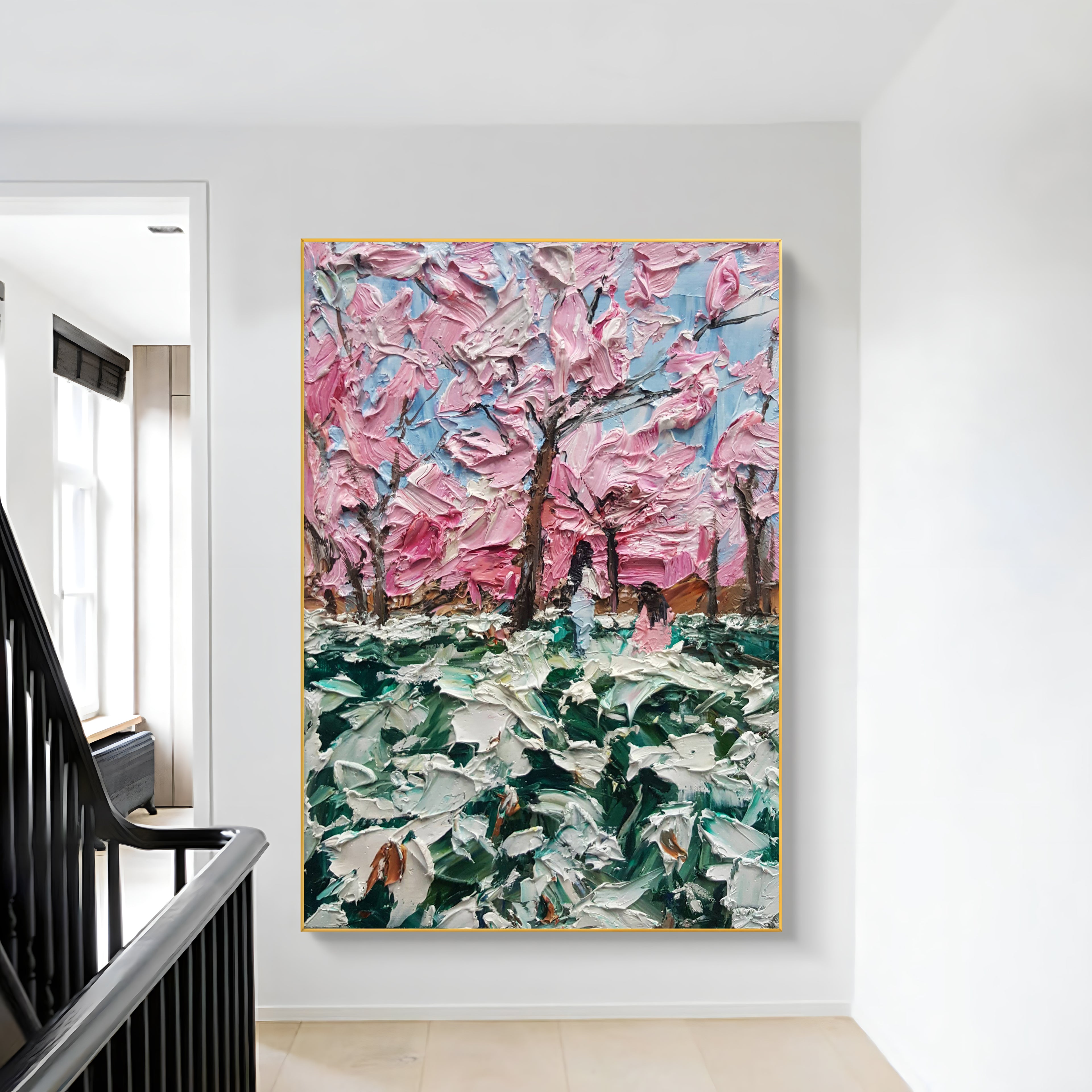 a painting hanging on a wall next to a banister