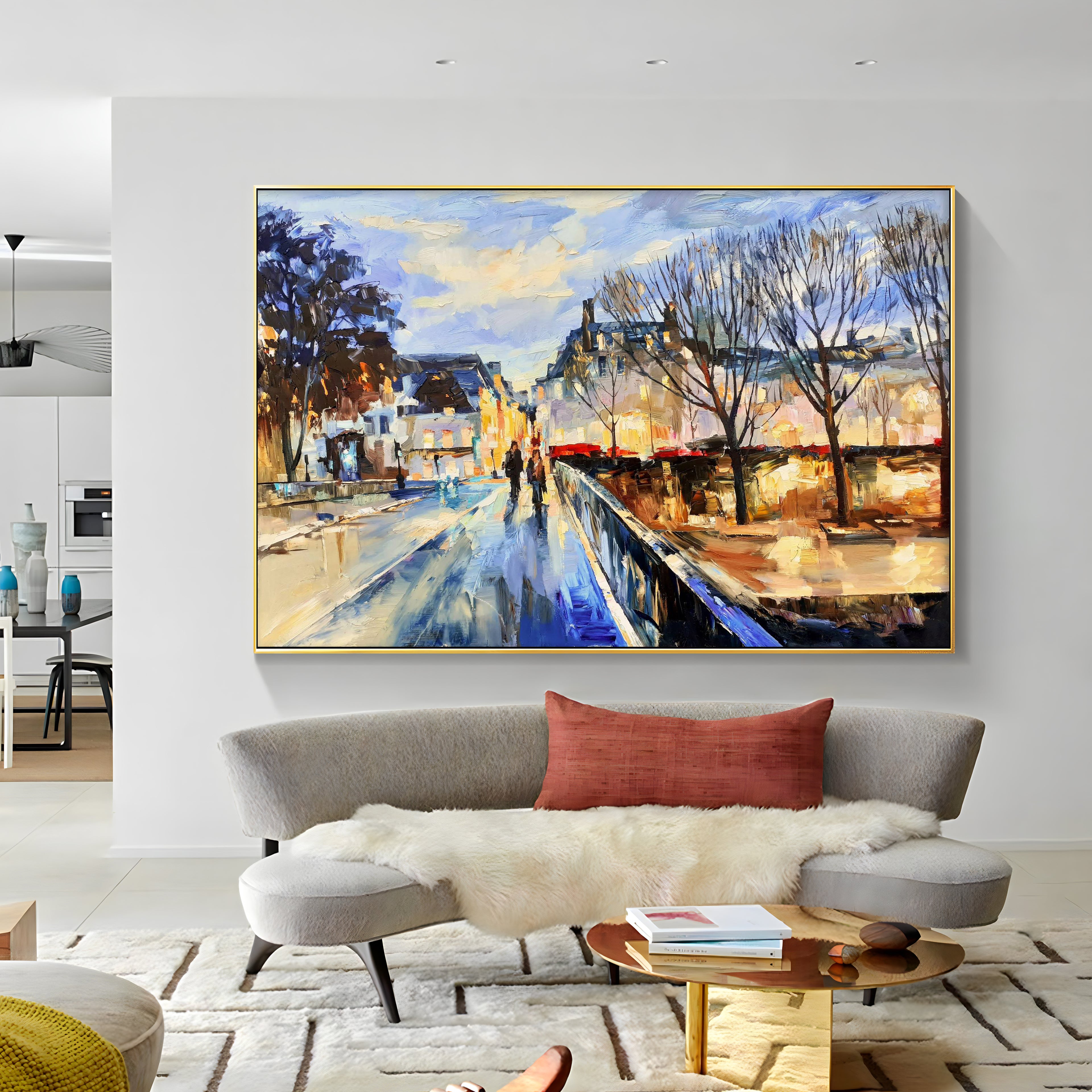 a painting hanging on the wall of a room