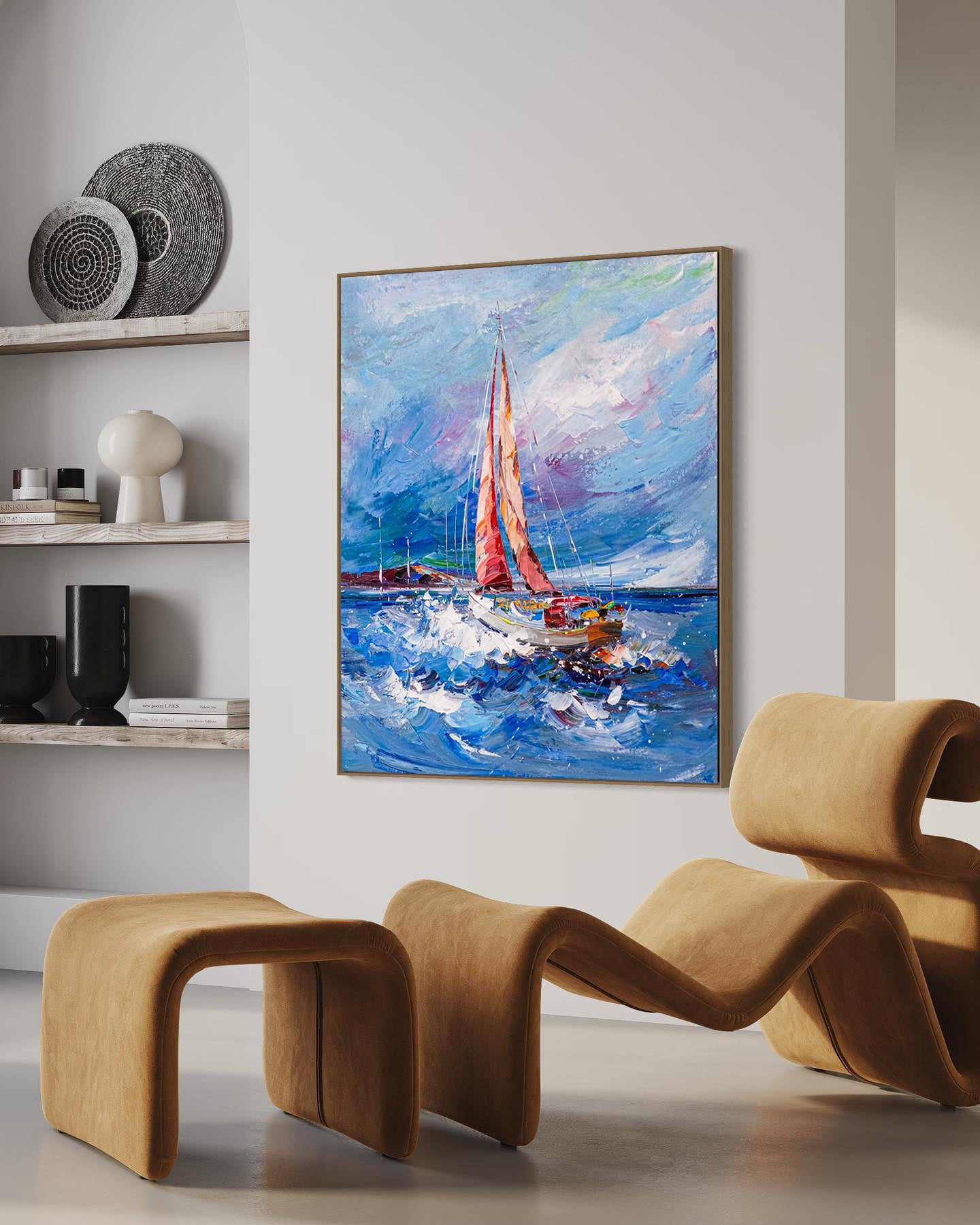 a painting of a sailboat in the ocean