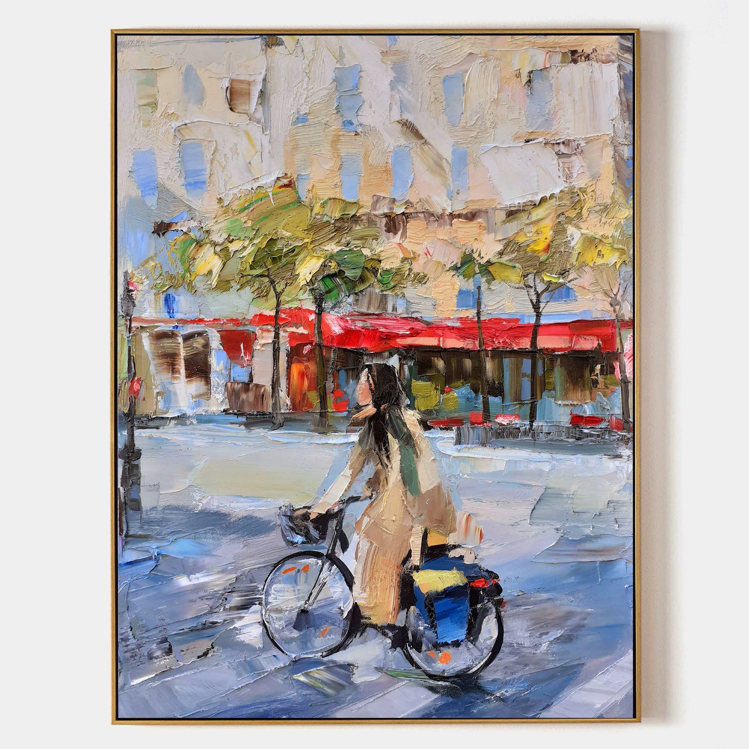 a painting of a woman riding a bike down a street