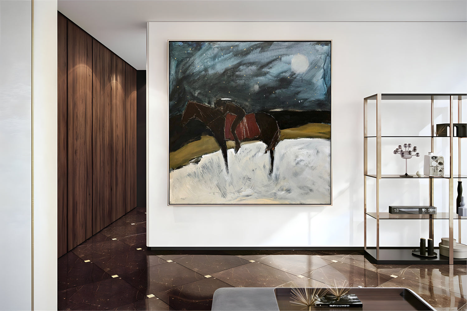 a painting of two horses in a snowy landscape