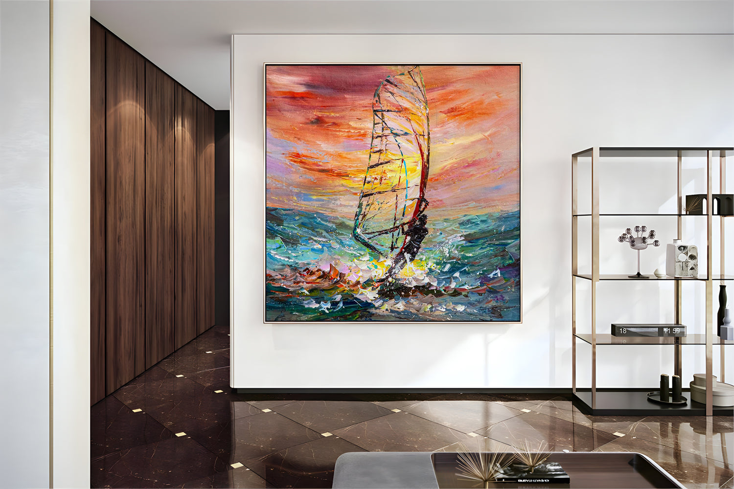 a painting of a sailboat in a room