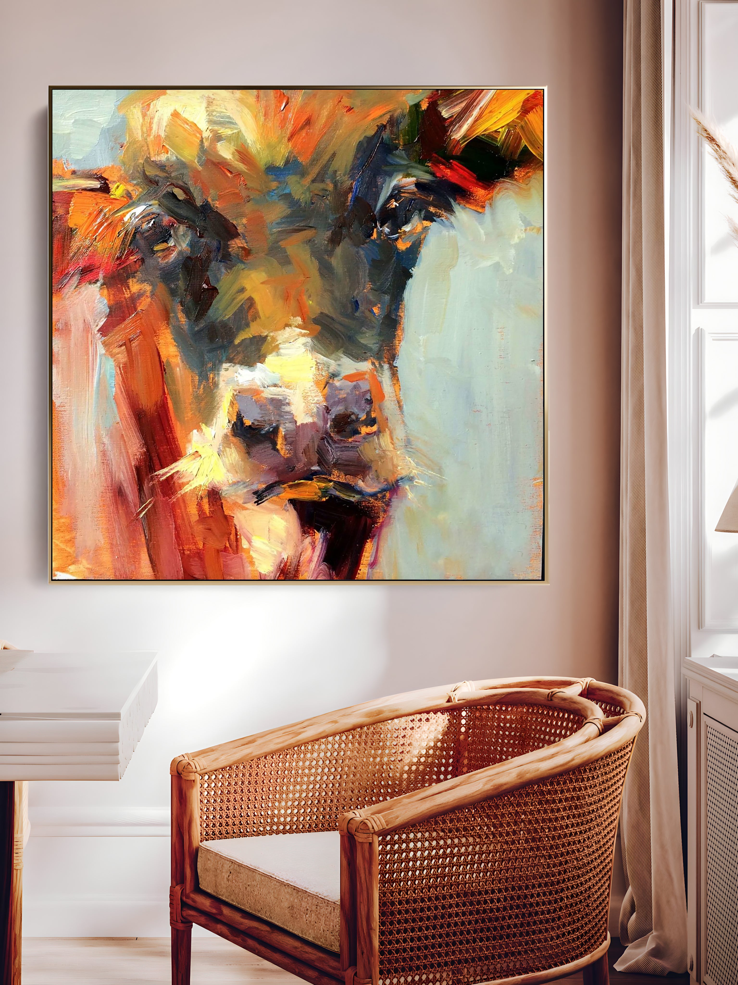 a painting of a cow in a living room