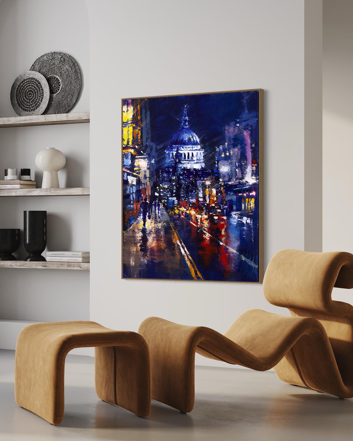 a painting of a cityscape with a building in the background