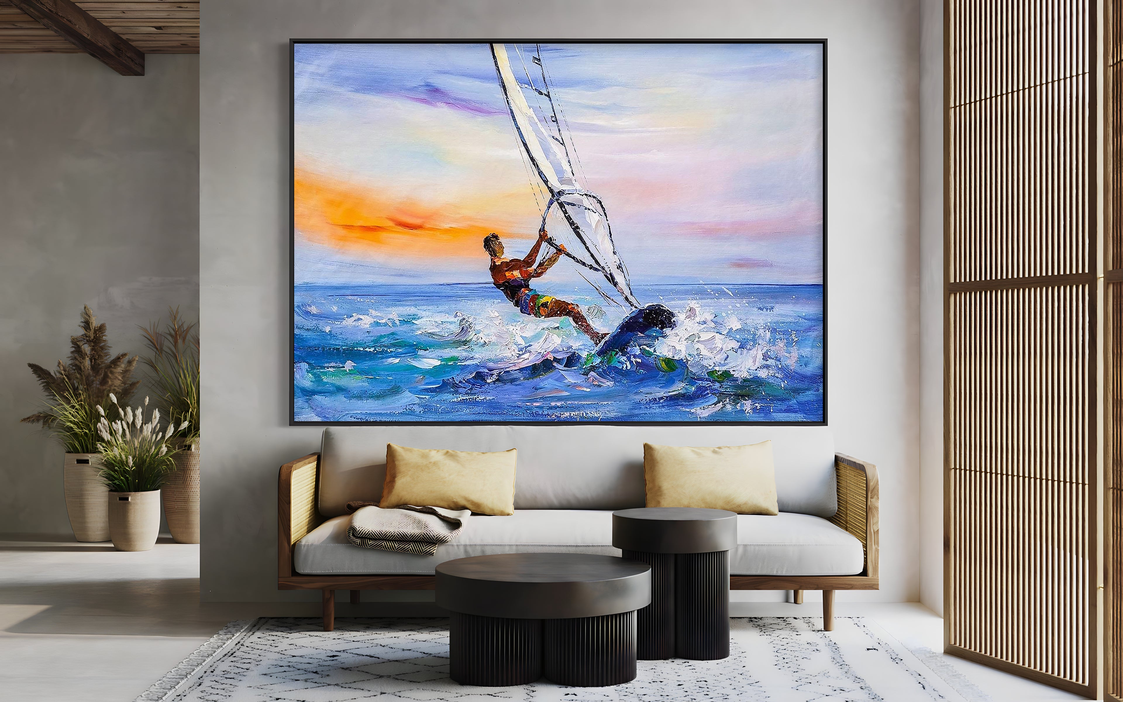 a painting of a man on a surfboard riding a wave