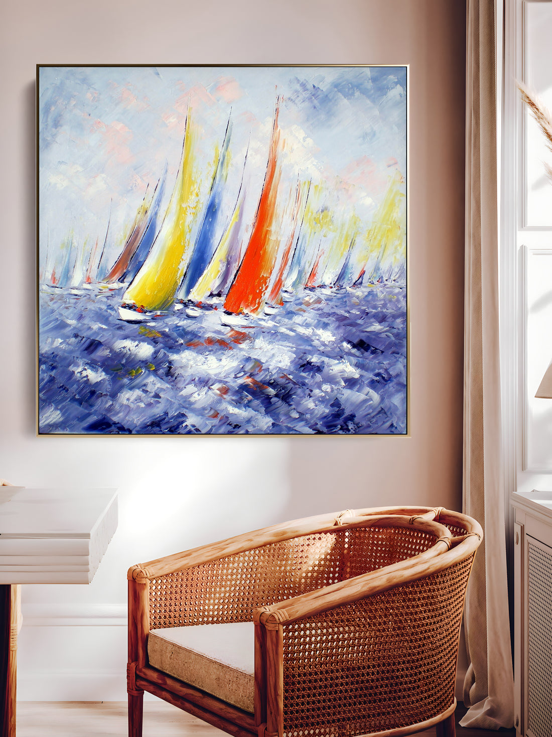 a painting of sailboats sailing in the ocean