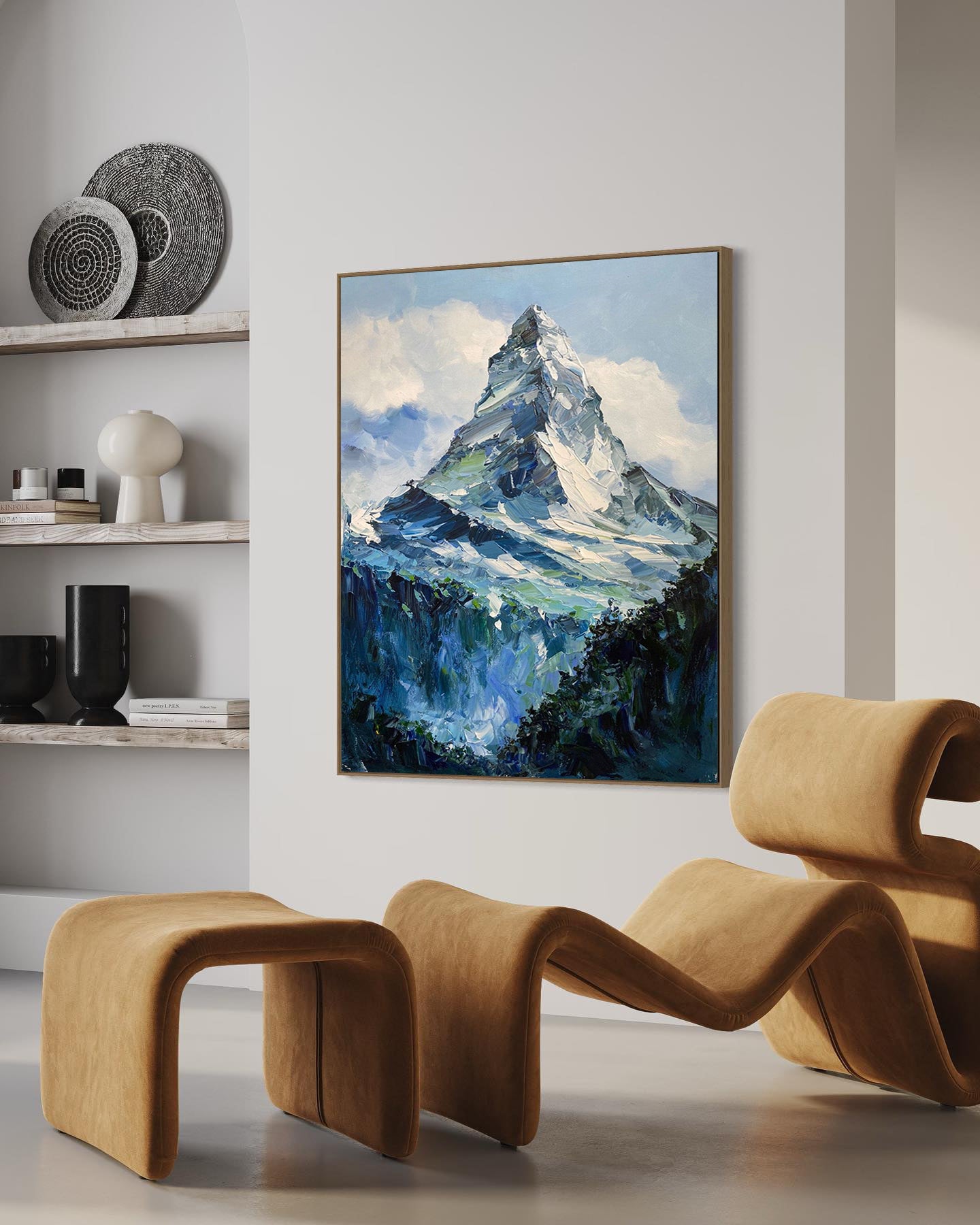 a painting of a mountain in a living room