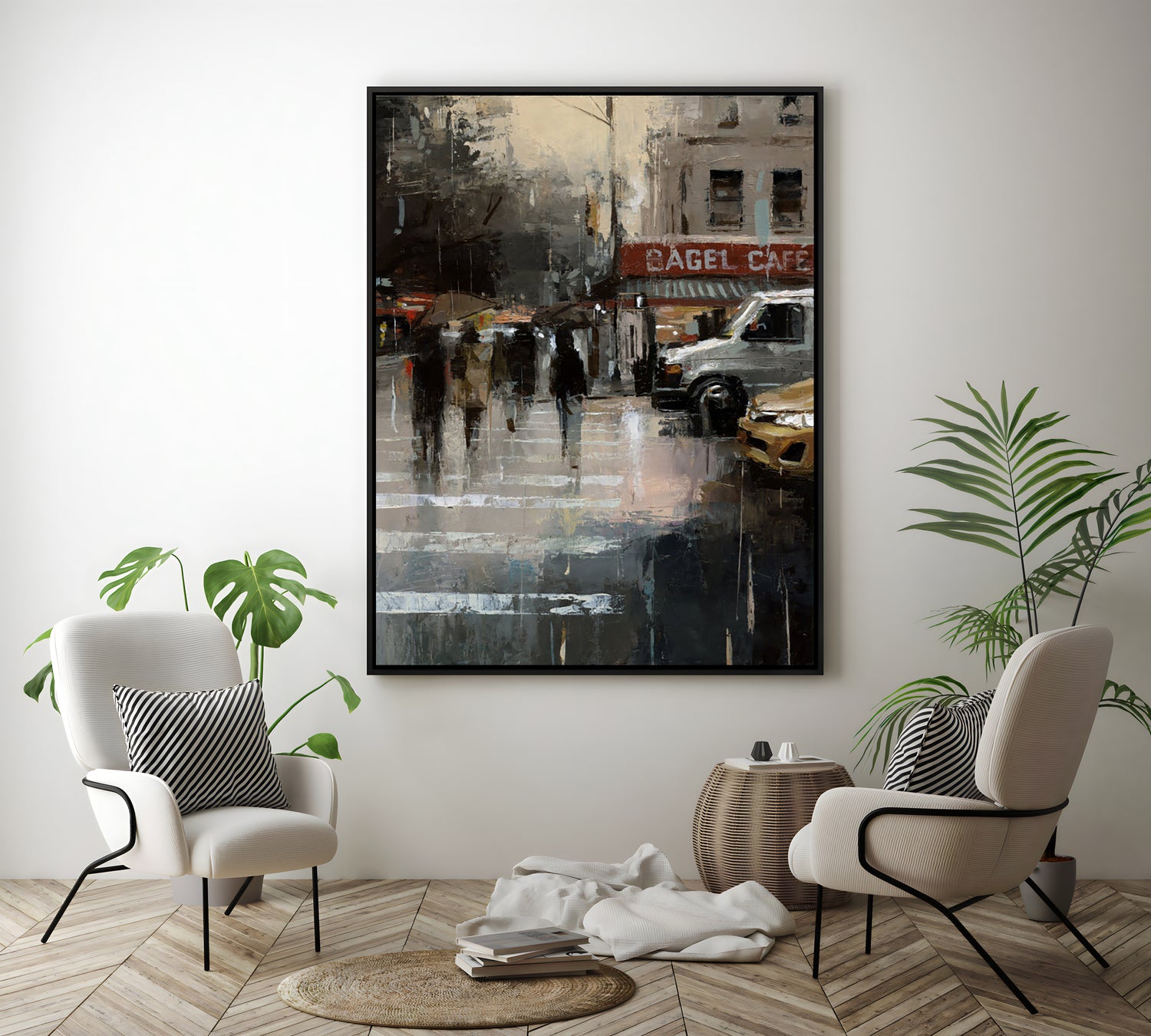 a painting of people walking in the rain