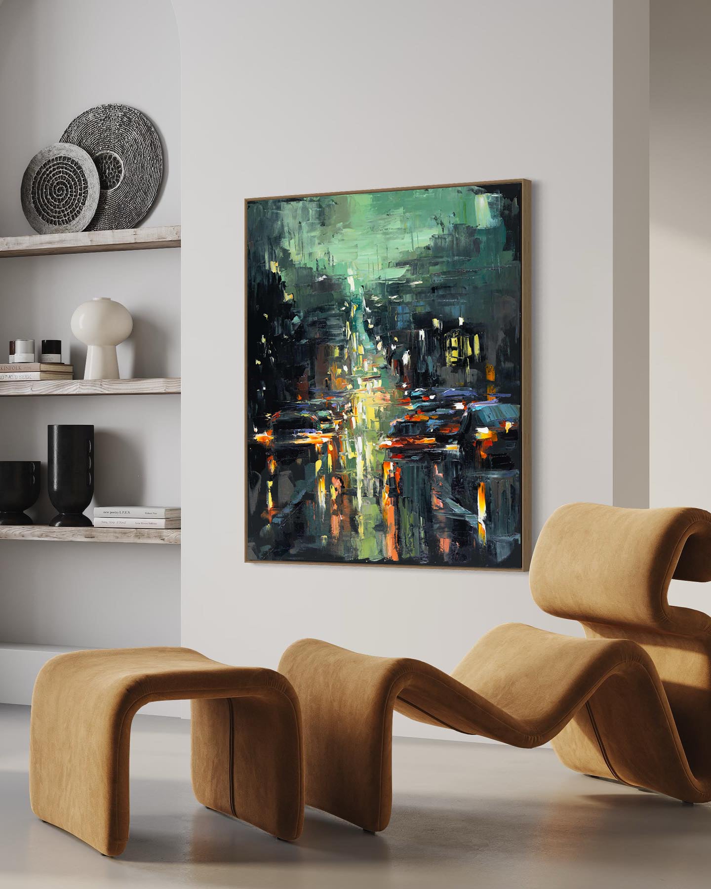 a painting of a city street at night