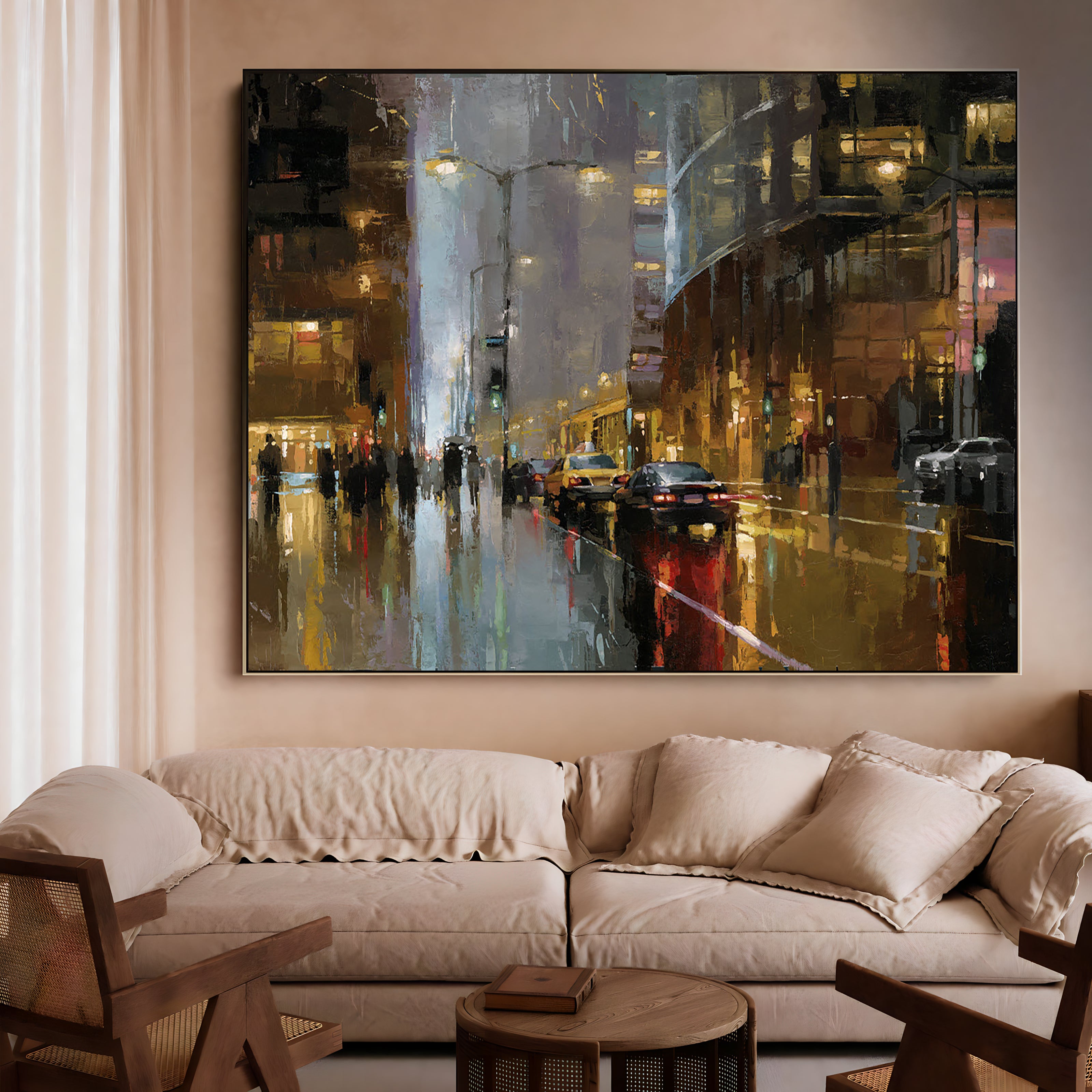 a painting of a city street at night