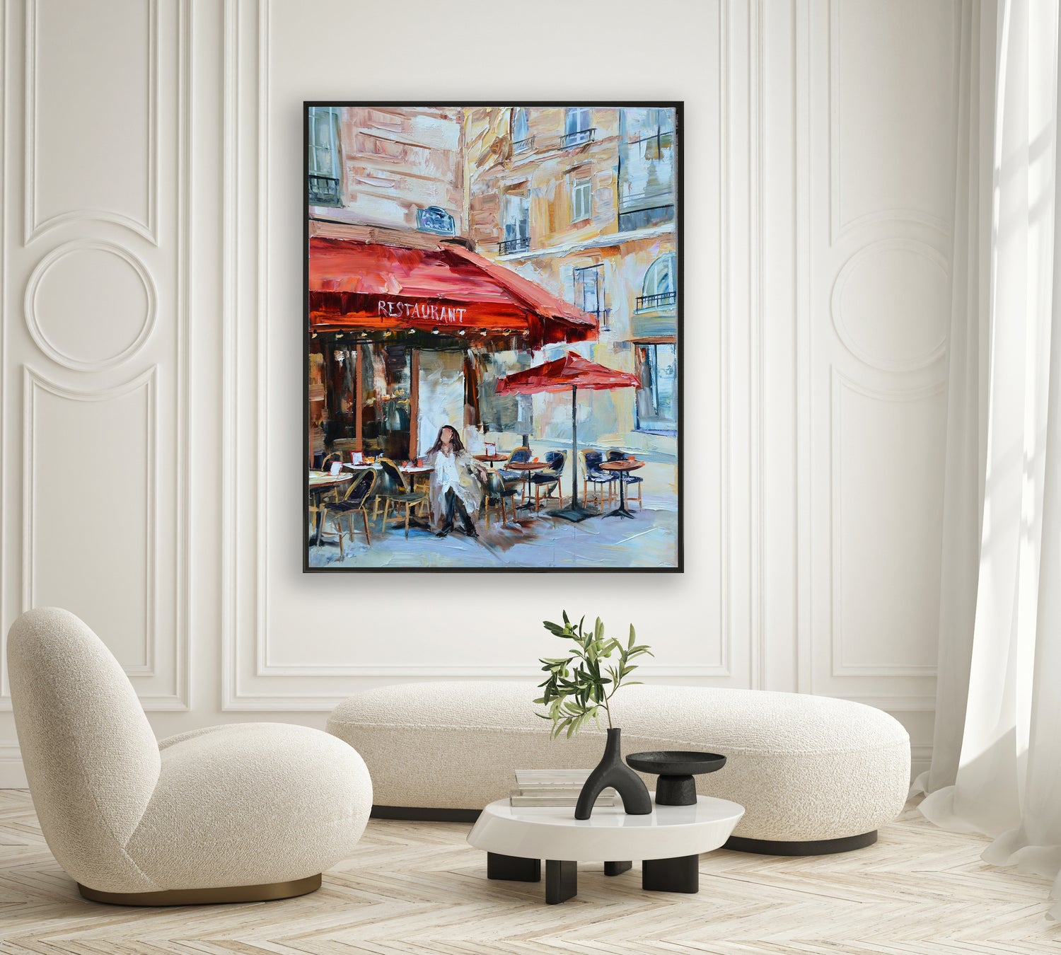 a painting of a cafe with a red umbrella