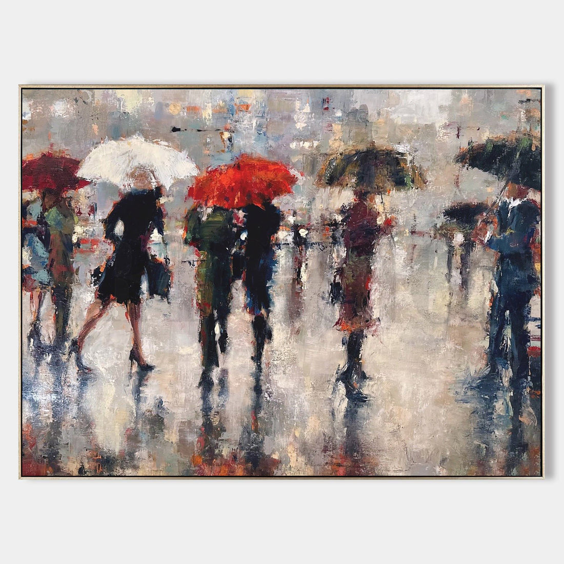 a painting of people walking in the rain with umbrellas