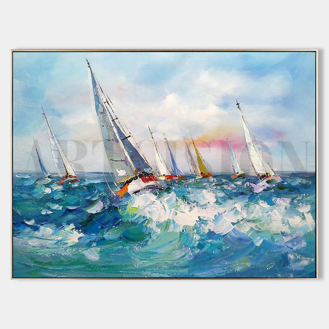 a painting of sailboats in the ocean