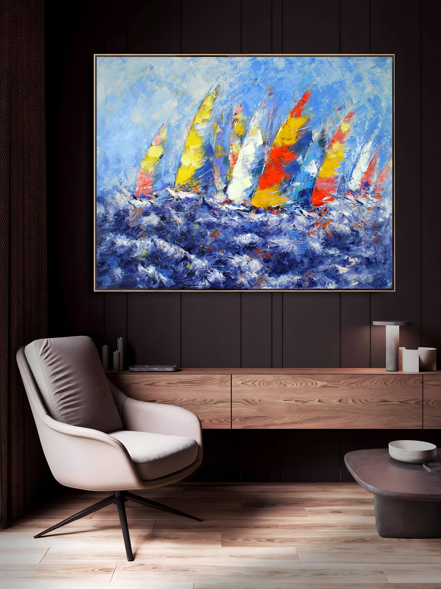 a painting of colorful sailboats in the ocean