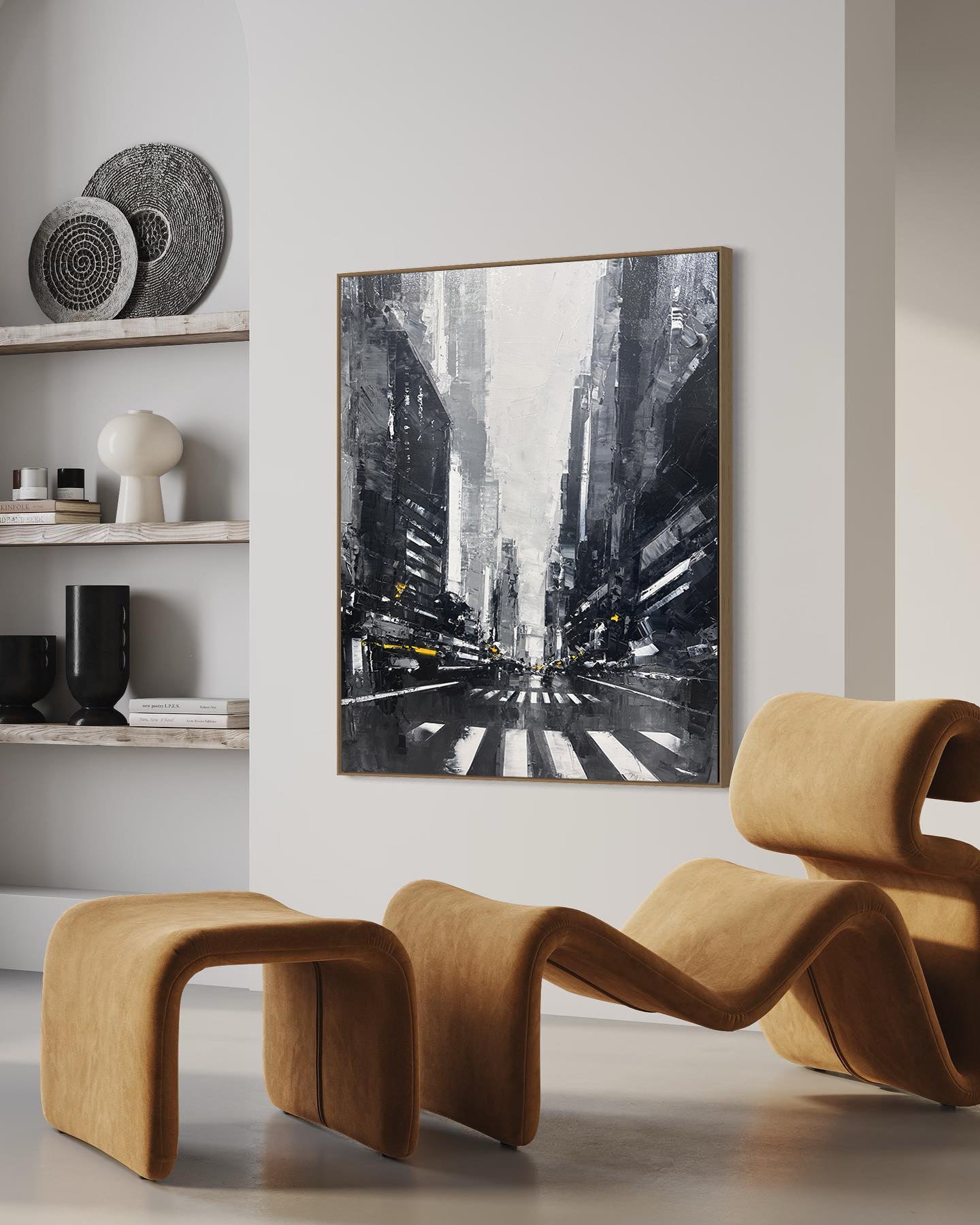 a picture of a city street in a living room